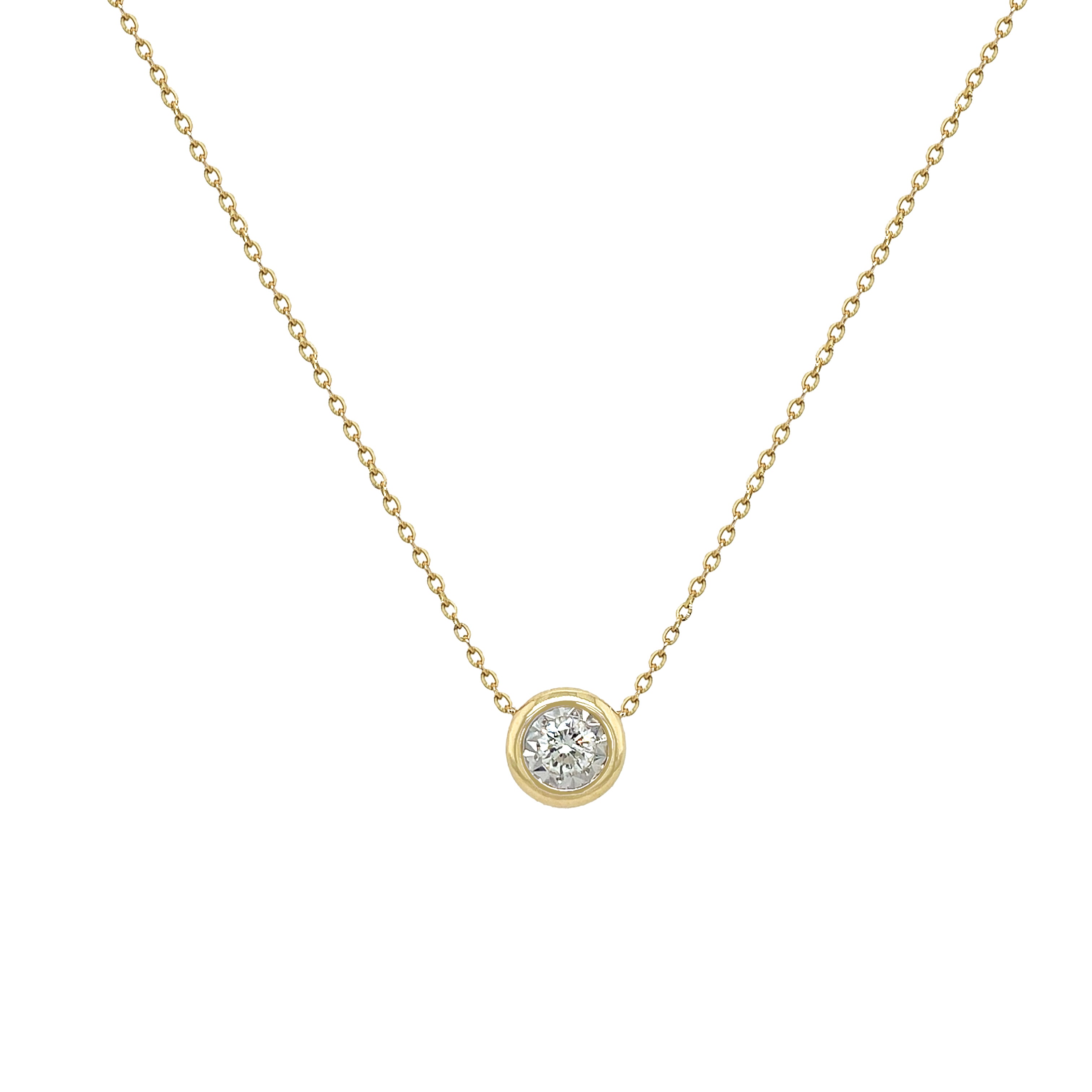 Gold necklace with a diamond pendant on a white background