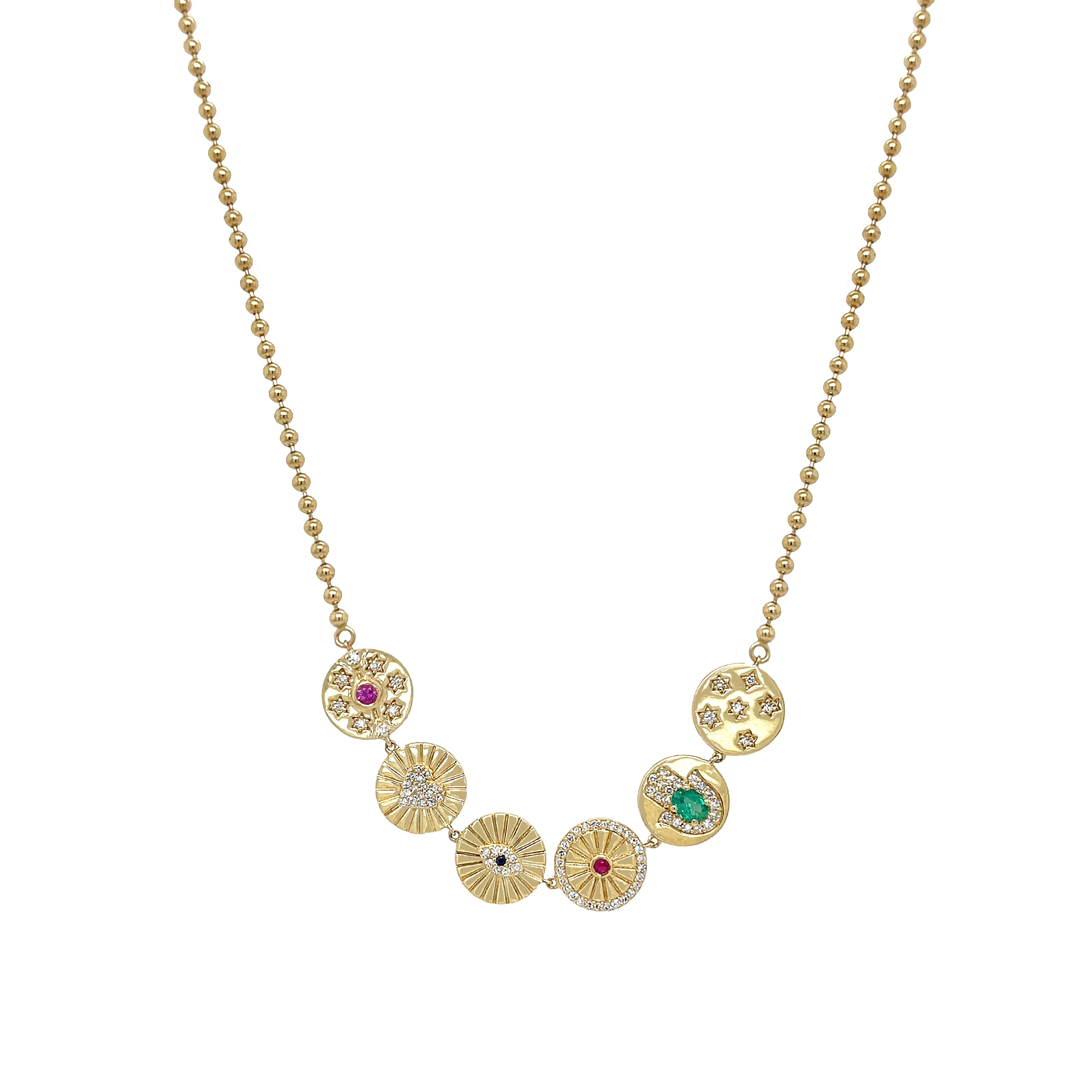 Diamond, Emerald &amp; Sapphire Lucky Charm Disc Necklace

Indulge in luxury with our Diamond, Emerald, and Sapphire Necklace. Crafted with fine materials, each charm adds a playful touch to this statement piece. Elevate your style with this luxe necklace, designed to make you stand out in any crowd.

14K Yellow Gold
0.30 Diamond Carat Weight
0.16 Emerald Carat Weight
0.10 Pink Sapphire Carat Weight
Discs: 0.36" Diameter
2.5MM Ball Chain
16-18" Adjustable Length