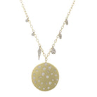 14K Gold Pendant on Delicate Chain with Pave Diamond Charms  14K Yellow Gold 0.23 Diamond Carat Weight Chain: 16-18" Length Disc: 0.95" Diameter