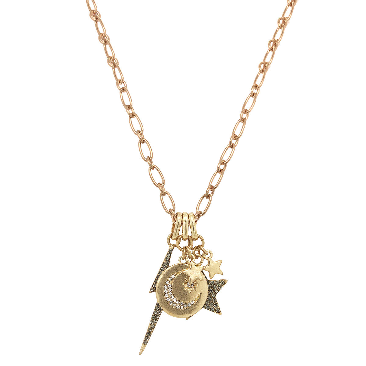 Moon, Star, Lightning Bolt Charm Necklace

Yellow Gold Plated
36" Length