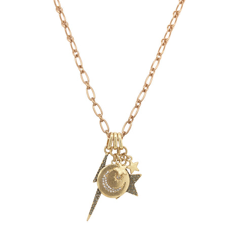 Moon, Star, Lightning Bolt Charm Necklace

Yellow Gold Plated
36" Length view 1