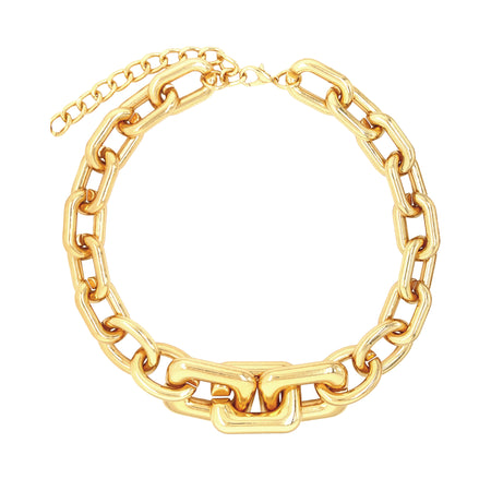 Large Gold Oval &amp; Square Hollow Link Statement Necklace  Yellow Gold Plated 16-20" Length 1.0-1.5" Width