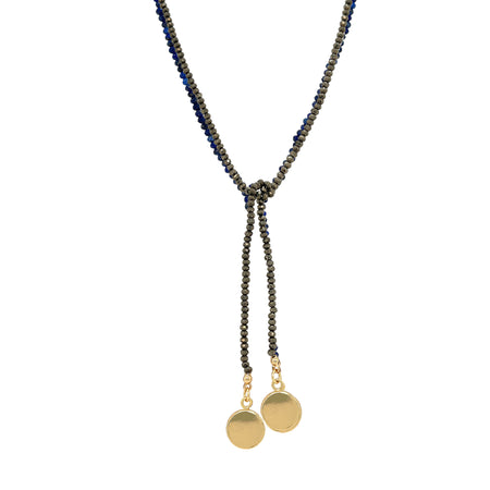 Pyrite Beaded Disc Lariat Tie Necklace  Yellow Gold Plated Discs: 0.68" Long X 0.52" Wide 20" Length view 1