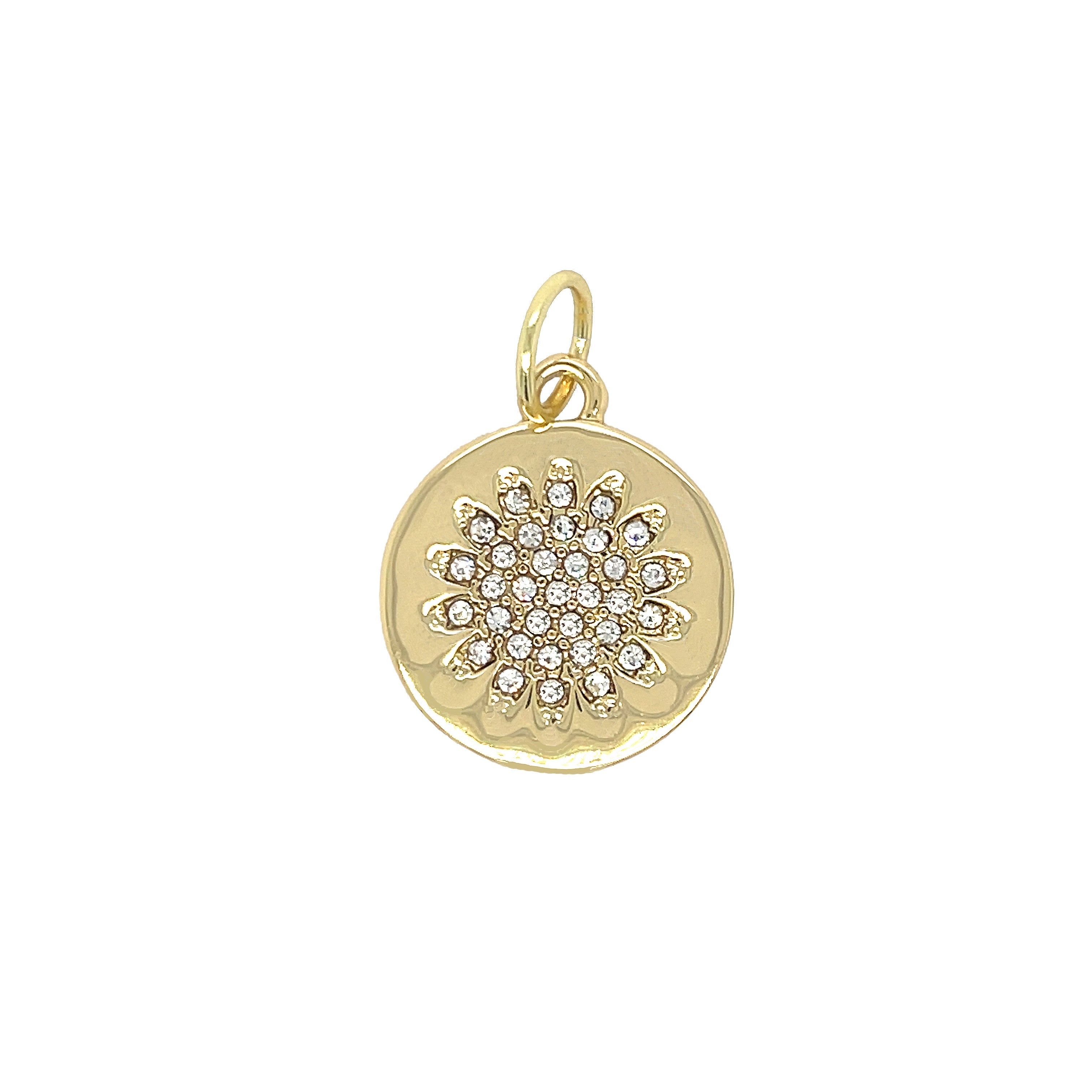 CZ Flower Disc Charm Pendant  Yellow Gold Plated 0.90' Long X 0.72" Wide