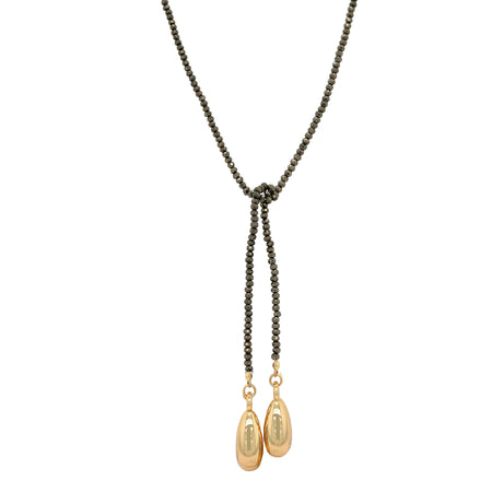 Pyrite Beaded Oval Dome Tie Lariat Necklace  Yellow Gold Plated Domes: 1.05" Long X 0.38" Wide 34" Length