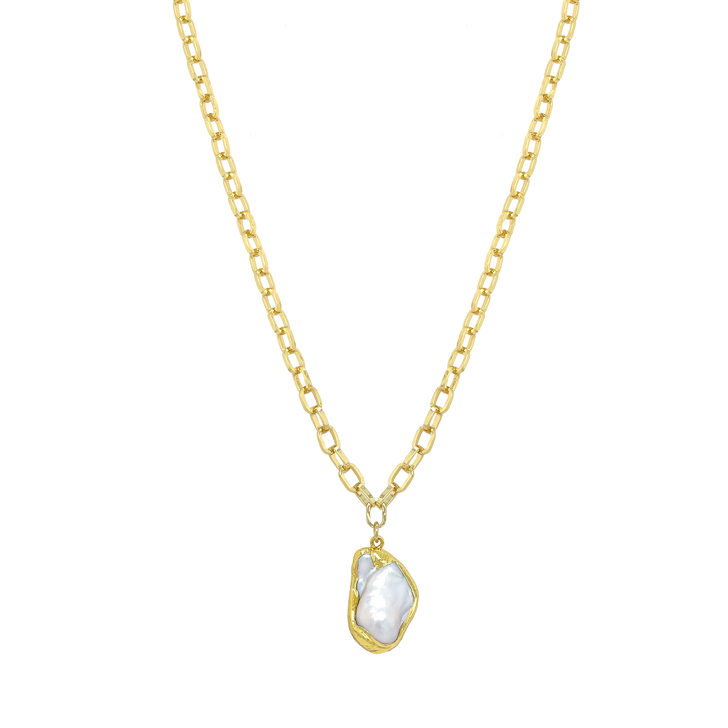 Pearl Pendant Chain Necklace

Yellow Gold Plated
Pearl: 1.20" Long X 0.78" Wide
34" Length