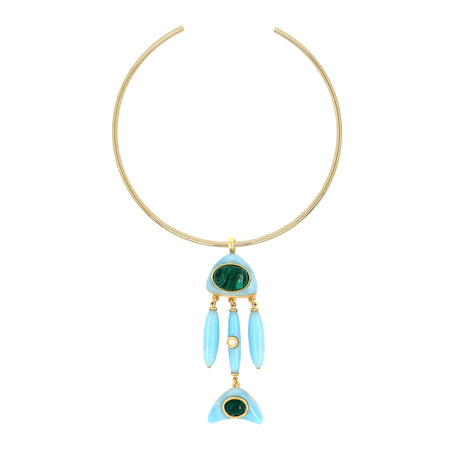 Turquoise Resin Charm Choker Necklace  Yellow Gold Plated Removable Charm: 3.10" Long X 0.95" Wide