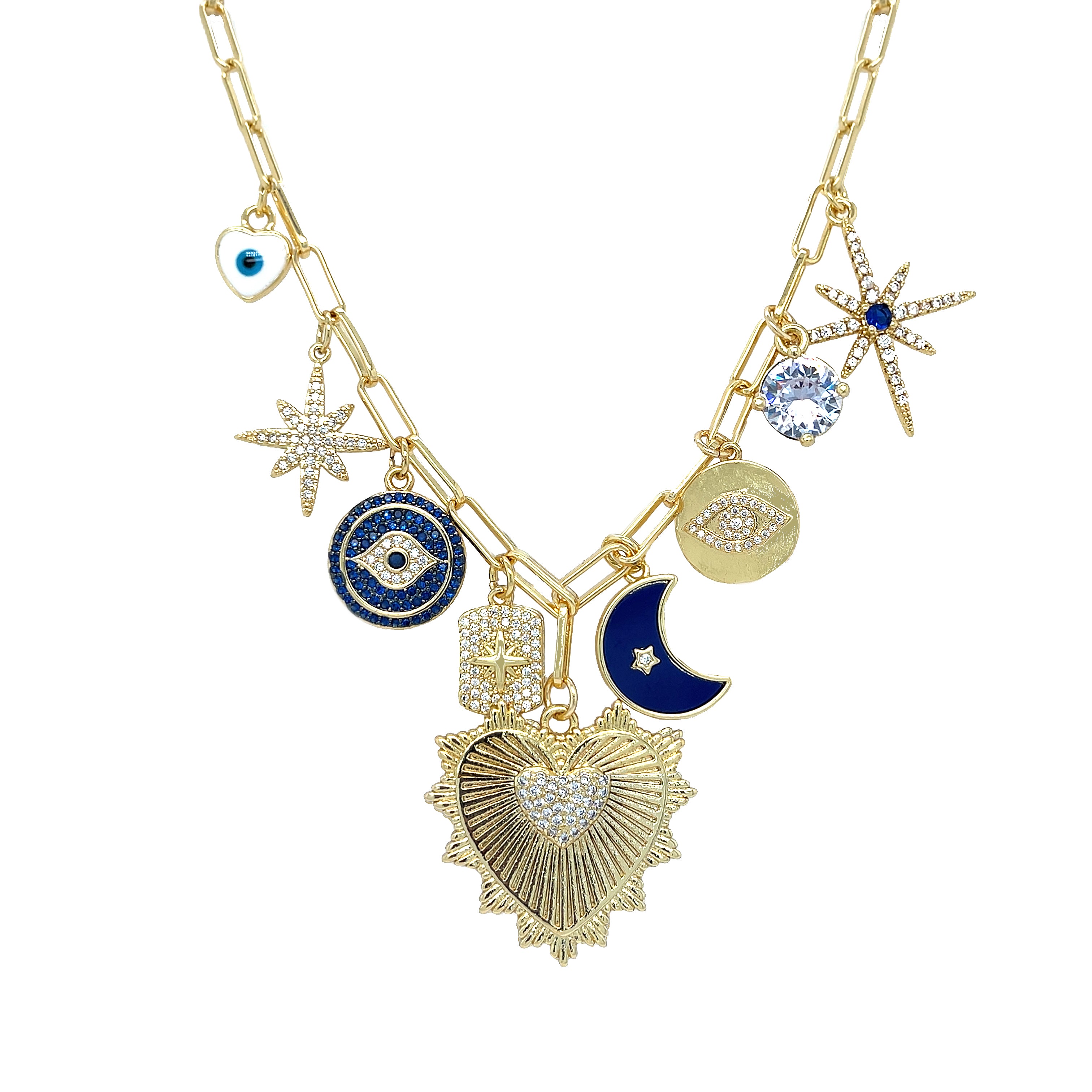 Blue and Gold Multi Charm Necklace&nbsp;

Yellow Gold Plated
Charms range from 0.35" Wide- 1.20" Wide
16-18" Adjustable Length