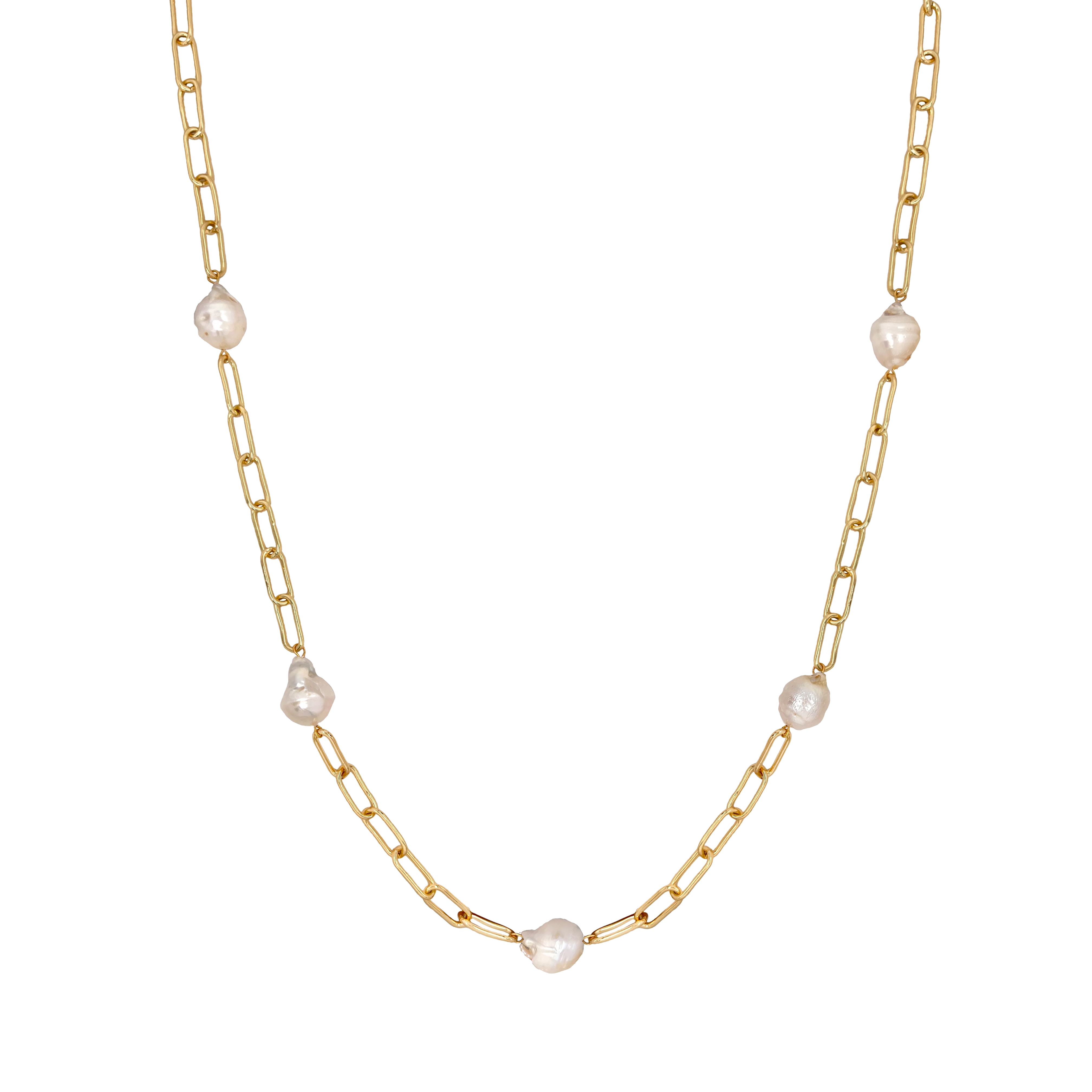 Pearl Station Necklace on Paperclip Chain  Yellow Gold Plated 36" Length Freshwater Pearls