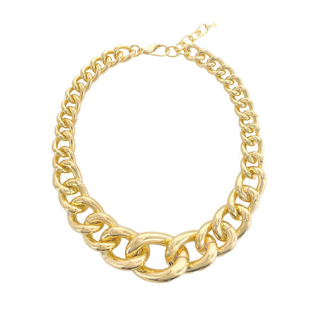 <p>Curb Chain Necklace</p> <ul> <li>Yellow Gold Plated</li> <li>0.5-1.25" Thick</li> <li>16-18" Adjustable Length</li> </ul>