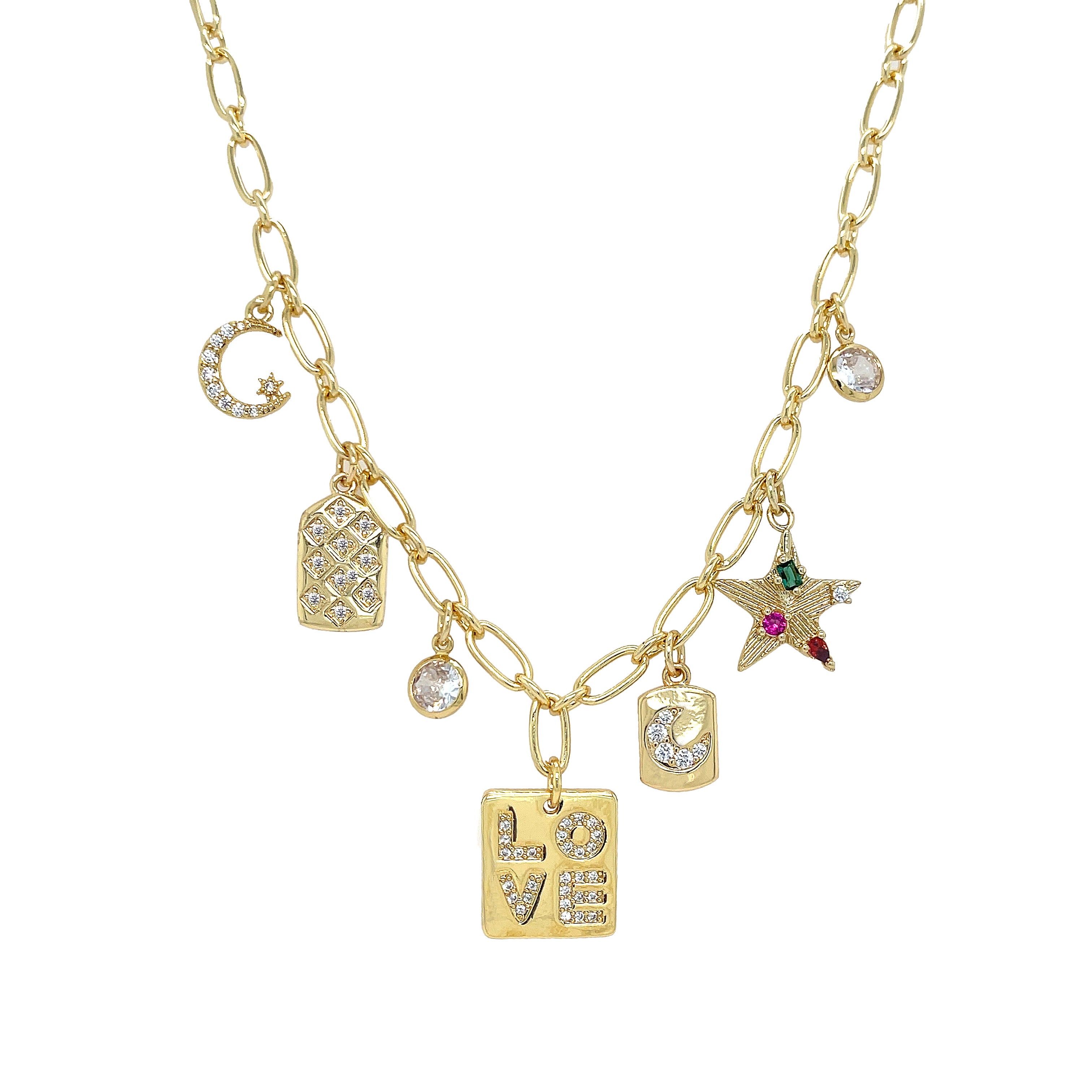 Multi Charm Necklace  Yellow Gold Plated 18" Length    While supplies last, all sales are final.