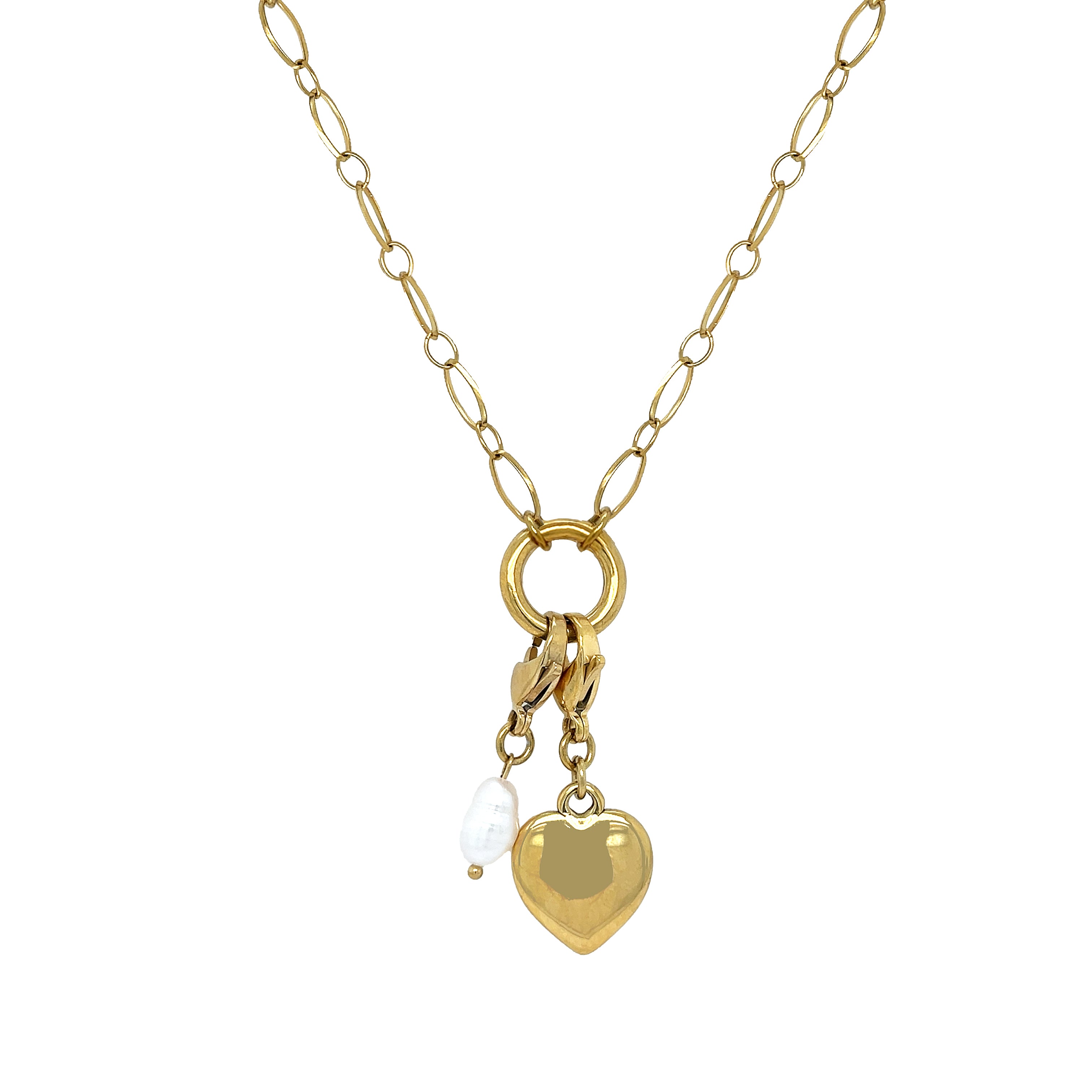 Heart &amp; Freshwater Pearl Charm Chain Necklace

Yellow Gold Plated
Heart Charm: 0.63" Wide
Pearl Charm: 0.42" Long X 0.24" Wide
17-18.5" Chain Length