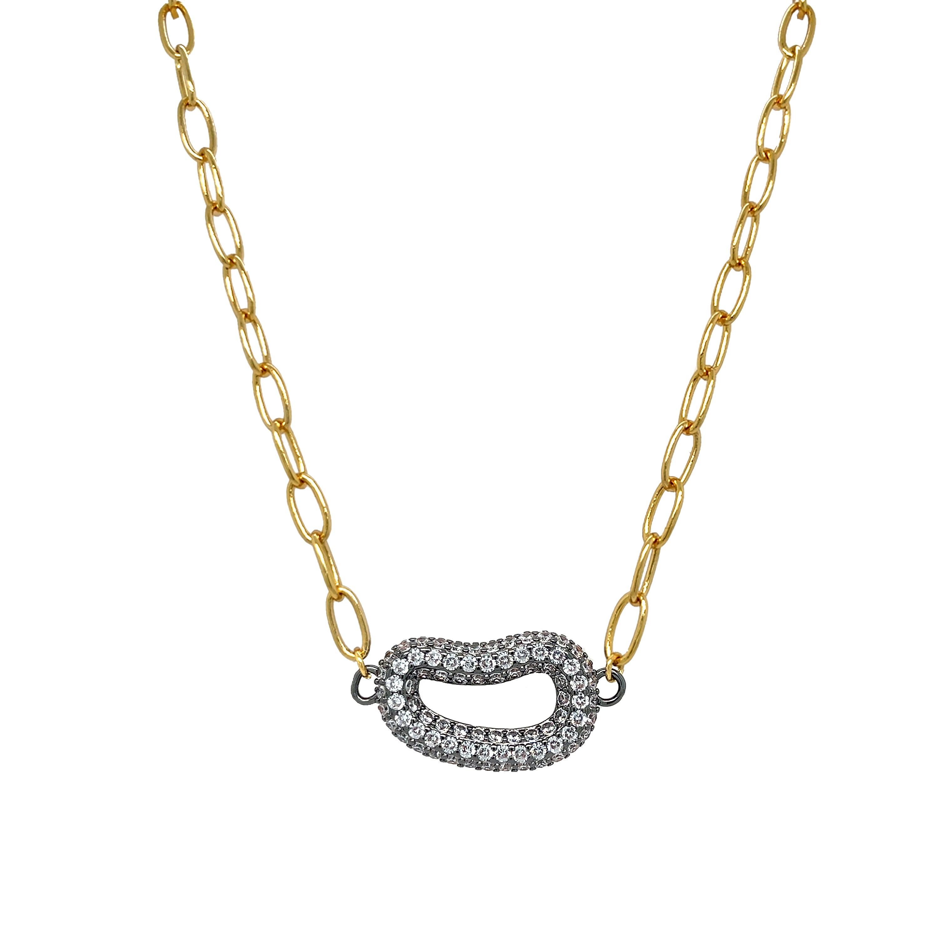 CZ Open Bean Chain Link Necklace

The Open Bean Necklace features an organic shape with a subtle sparkle, elegantly connected by a delicate link design. This refined piece adds a touch of natural beauty and sophistication to any outfit.

Yellow Gold &amp; Oxidized Plating
CZ Bean: 0.65" Long X 1.05" Wide
18" Length