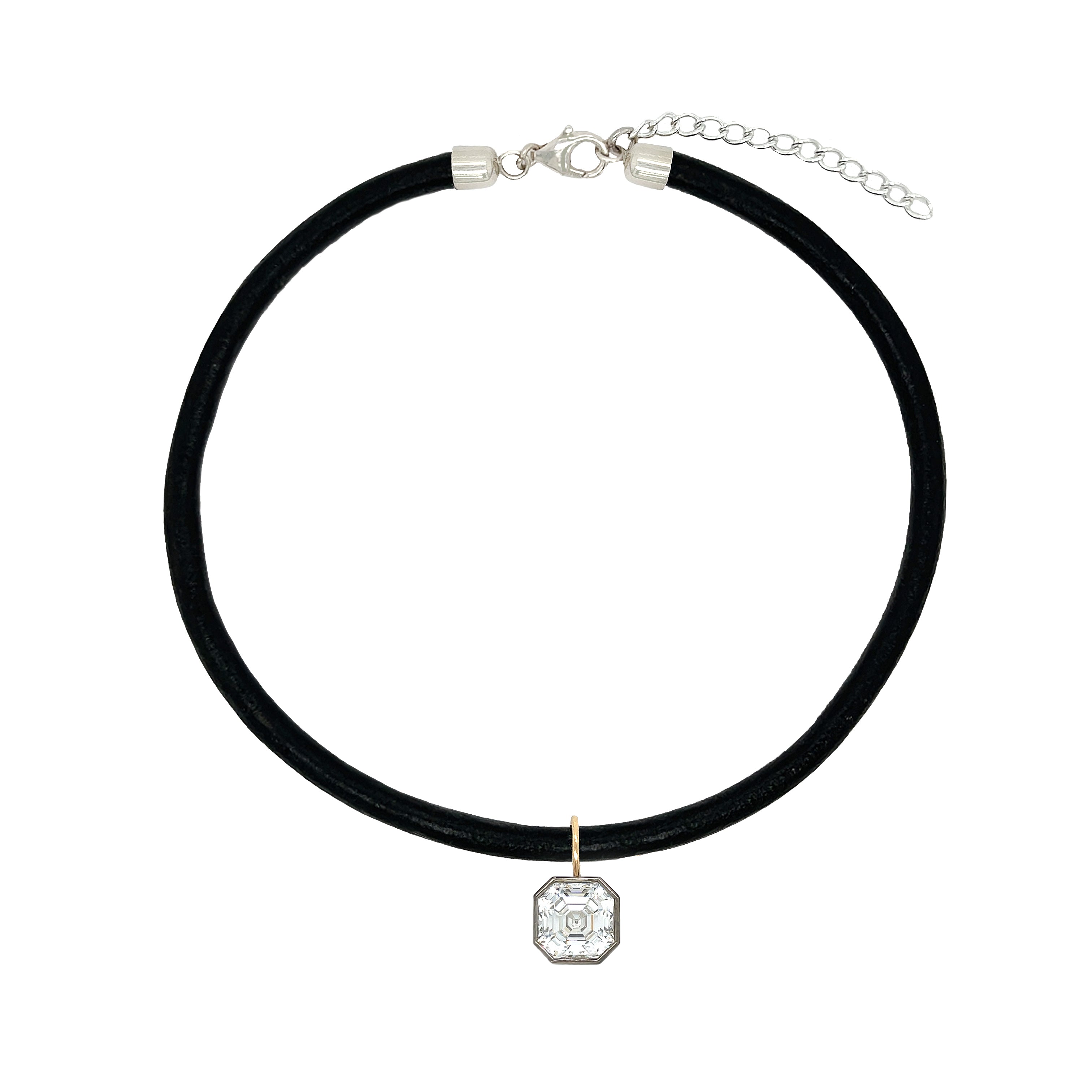 Asscher CZ Black Leather Cord Choker Necklace

Elevate your style with this sophisticated leather cord choker necklace. Its sleek design offers a unique, on-trend accessory that complements both casual and elegant outfits, adding a subtle edge to your look. Perfect for those who appreciate minimalist yet distinctive jewelry.

White, Yellow &amp; Oxidized Plating Over Silver
Bail: 14K Yellow Gold
Asscher CZ: 12MM Stone
13-15" Adjustable Length