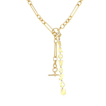 I Love You Drop Charm On Rectangle Link Toggle Necklace  Yellow Gold Plated 18" Length