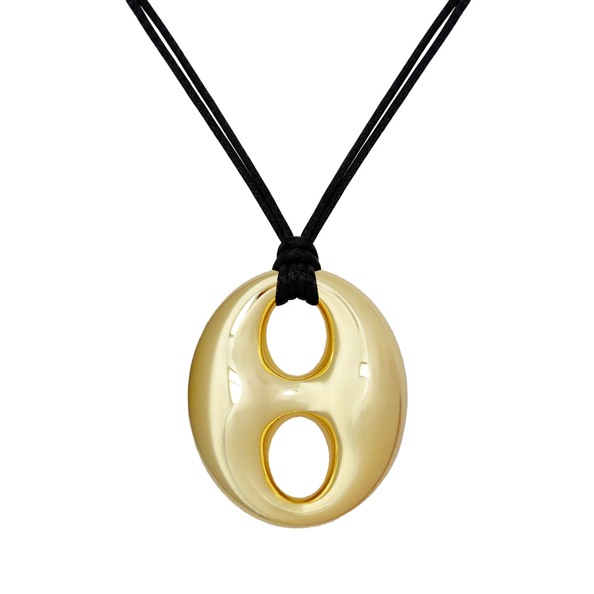 Large Gold Mariner Link &amp; Black Adjustable Cord Necklace

The finishing touch your wardrobe has been waiting for. A gleaming yellow gold-plated mariner link pendant hangs from sleek black cords, creating a look that is equal parts bold, modern, and effortlessly chic. Fully adjustable for endless styling possibilities, this statement piece transitions seamlessly from day to night.

Yellow Gold Plated
Link: 1.5" Long X 1.25" Wide
Cord: 14-19" Length