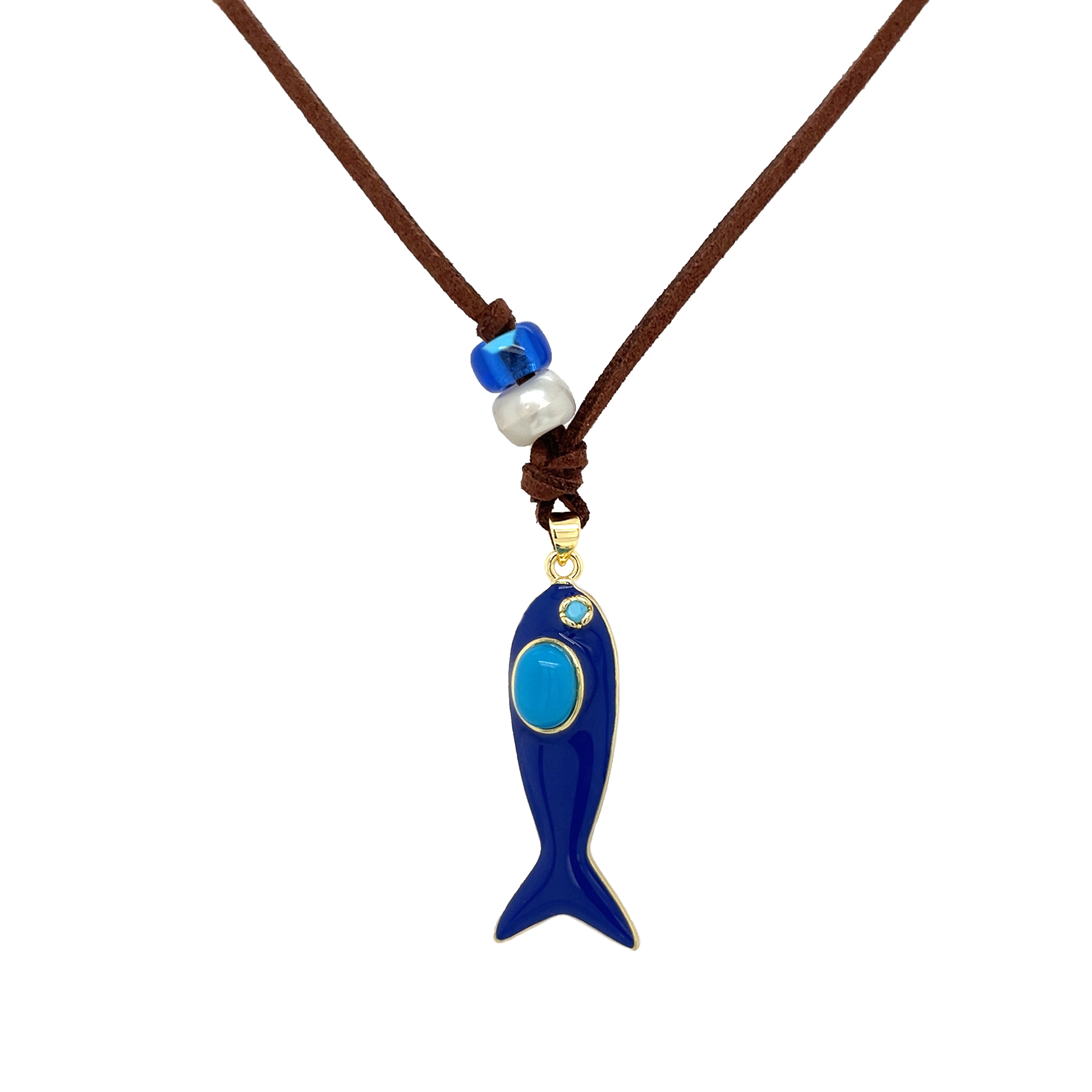Resin Fish Pendant On Suede Leather Cord Necklace

This Fish Pendant Necklace is available in multiple color options, adding subtle yet eye-catching variety to your necklace collection. Perfect for layering, it complements diverse styles while being a chic statement.

Yellow Gold Filled
Fish Pendant: 1.5" Long X 0.5" Wide
Drop: 1.75" Long