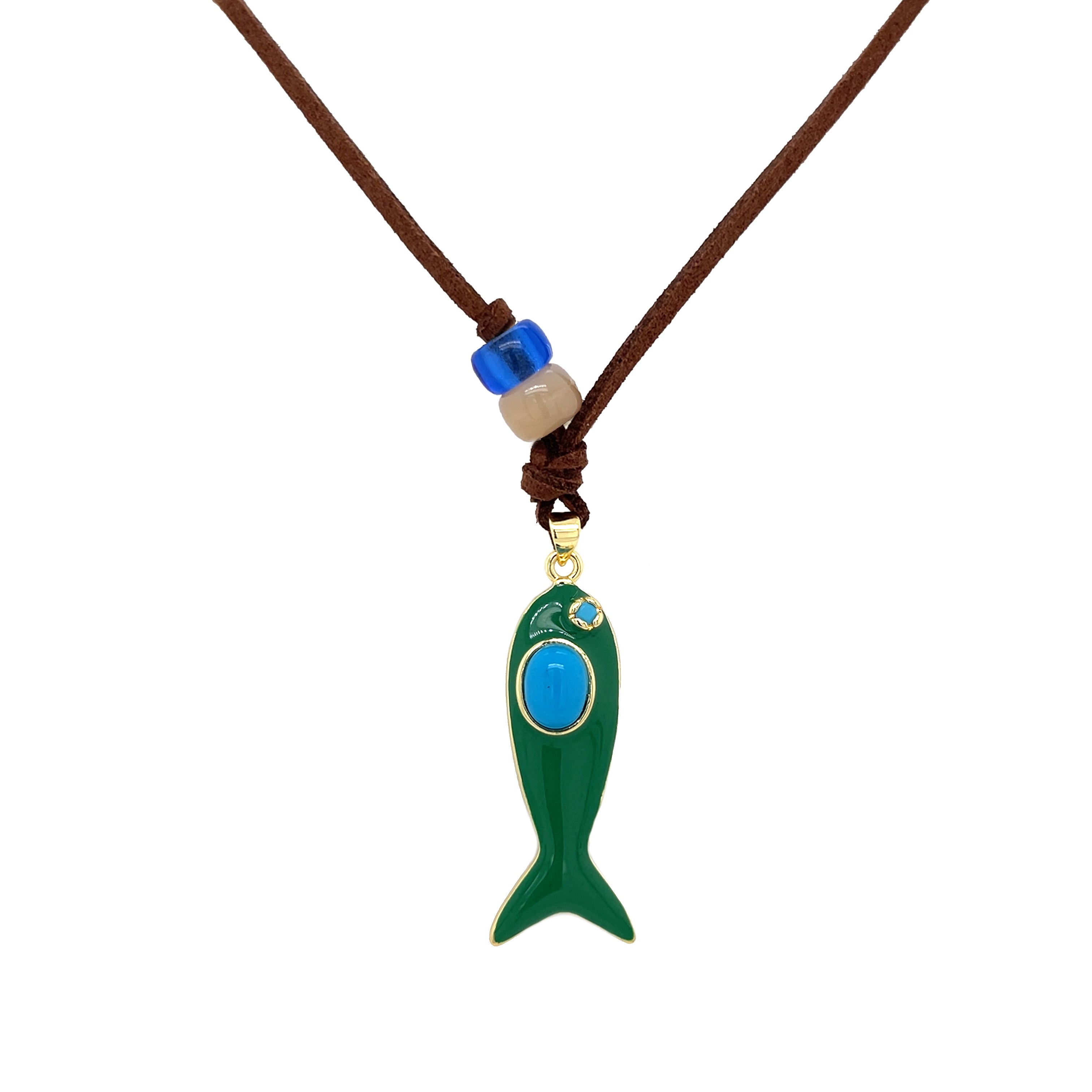 Resin Fish Pendant On Suede Leather Cord Necklace

This Fish Pendant Necklace is available in multiple color options, adding subtle yet eye-catching variety to your necklace collection. Perfect for layering, it complements diverse styles while being a chic statement.

Yellow Gold Filled
Fish Pendant: 1.5" Long X 0.5" Wide
Drop: 1.75" Long