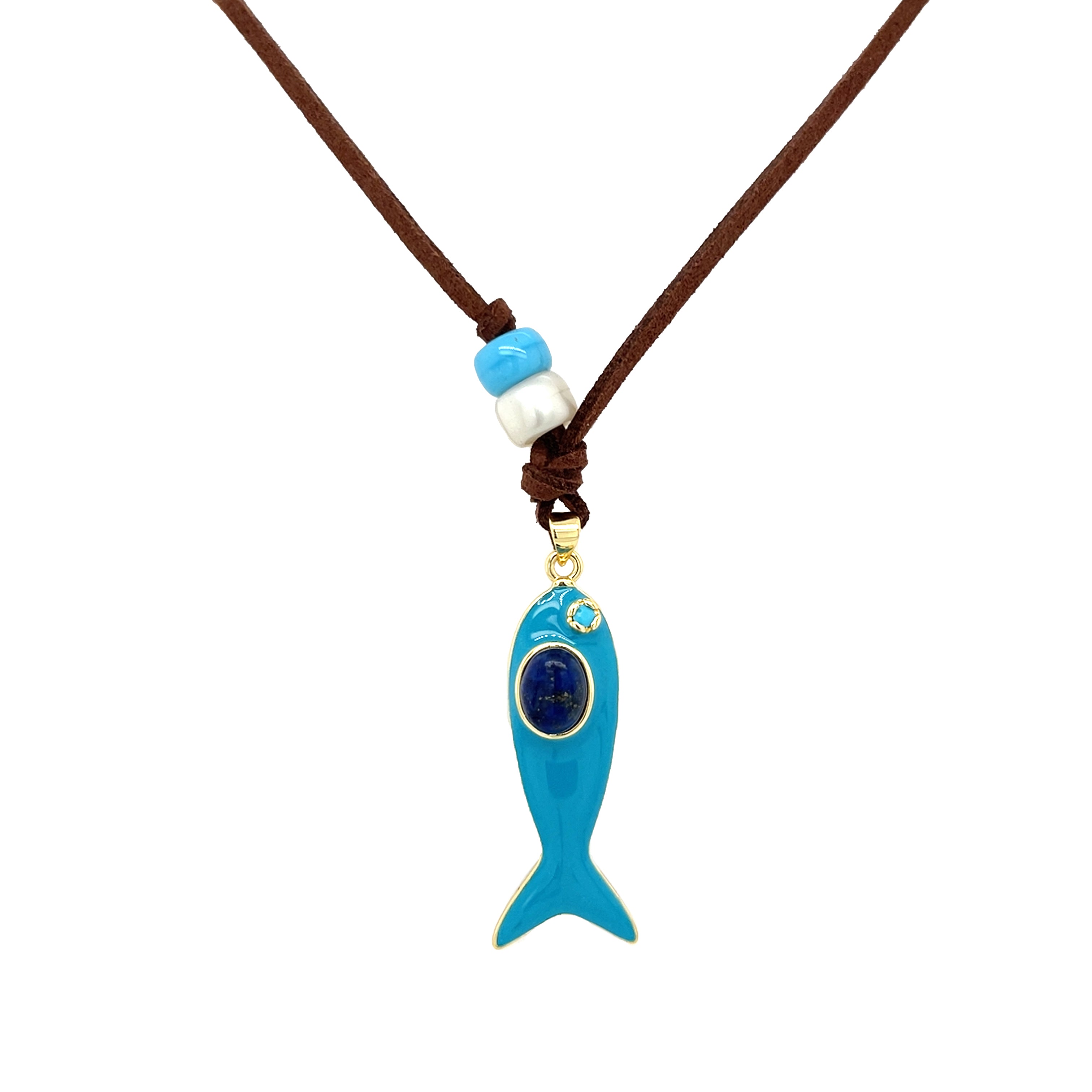 Resin Fish Pendant On Suede Leather Cord Necklace

This Fish Pendant Necklace is available in multiple color options, adding subtle yet eye-catching variety to your necklace collection. Perfect for layering, it complements diverse styles while being a chic statement.

Yellow Gold Filled
Fish Pendant: 1.5" Long X 0.5" Wide
Drop: 1.75" Long