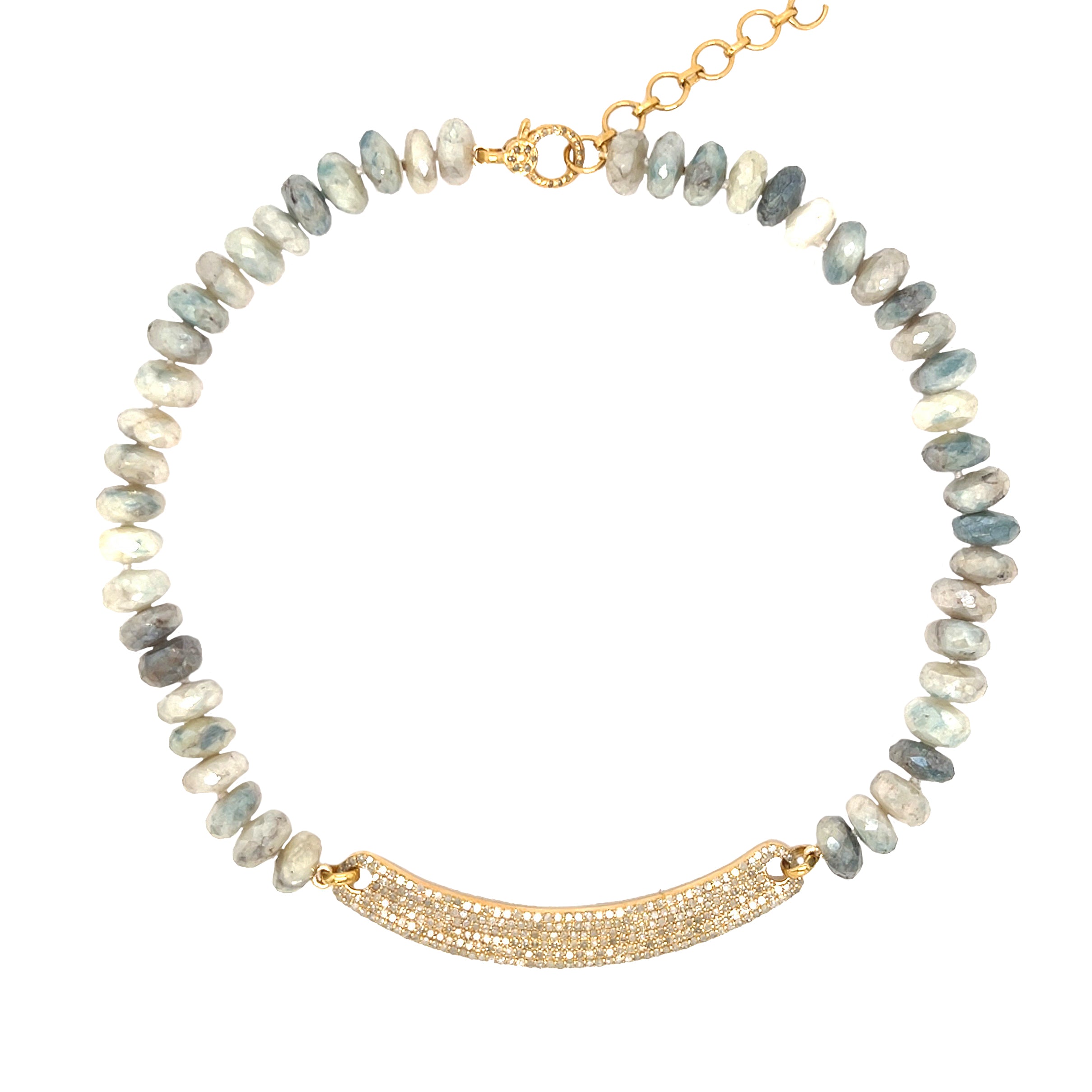 Diamond Bar &amp; Moonstone Bead Necklace

This Diamond &amp; Moonstone Necklace offers a one-of-a-kind design with a subtle pop of color. Its elegant combination of stones adds refined beauty to any look.

Yellow Gold Plated Over Silver
Blue Titanium Coated Moonstone
3.26 Diamond Carat Weight
15-17" Adjustable Length
