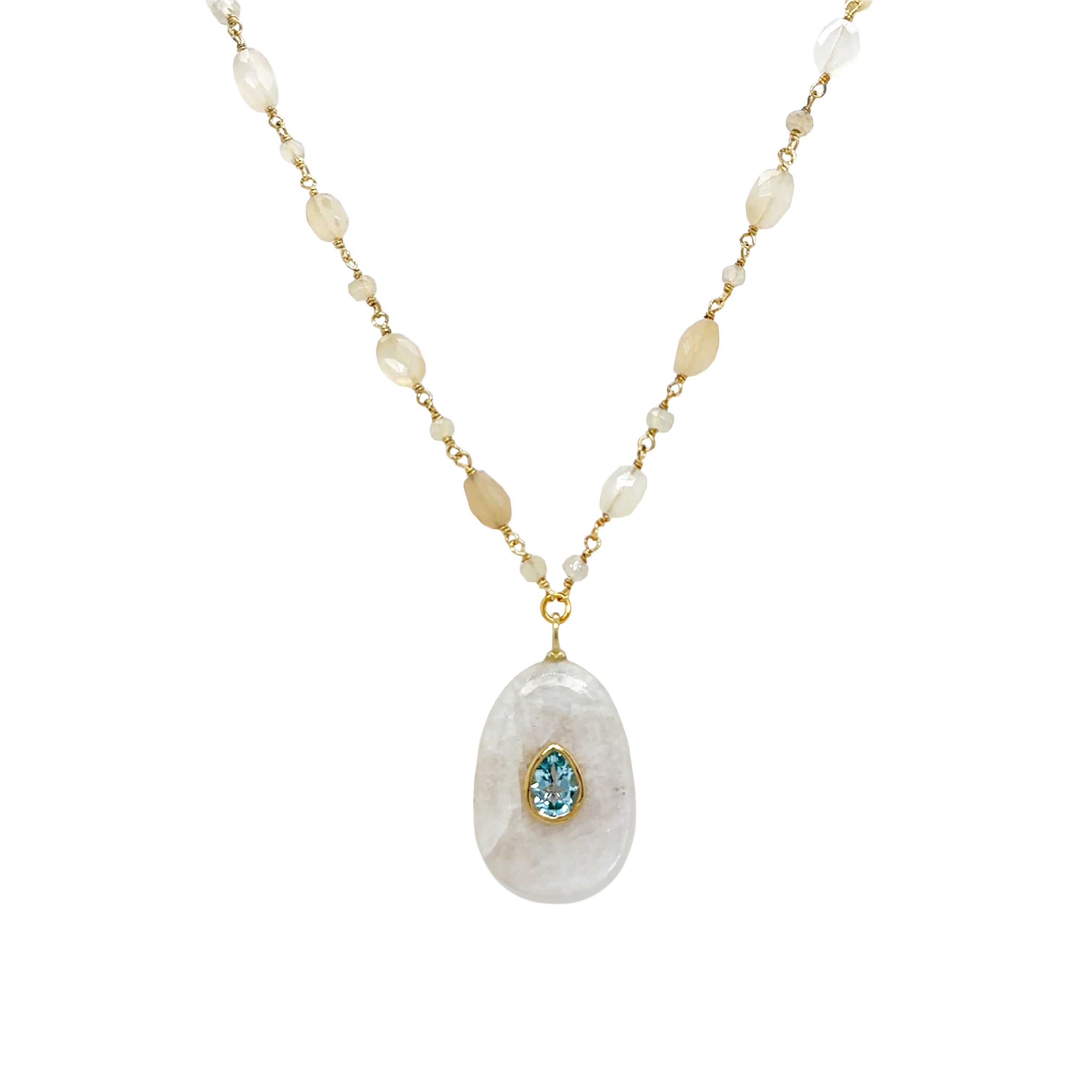 Blue Topaz Tear Bezel &amp; Moonstone Pendant Wire Chain Necklace

Inspired by the colors of the coast, this necklace combines the clarity of blue topaz with the soft, smooth moonstone pendant. The wire chain design keeps the look light and effortless, while the bold pendant drop provides a sophisticated focal point. Designed for the woman who appreciates jewelry that is as unique and radiant as she is.

Yellow Gold Plated
Pendant: 1.35" Long X 0.78" Wide
16-18" Adjustable Length