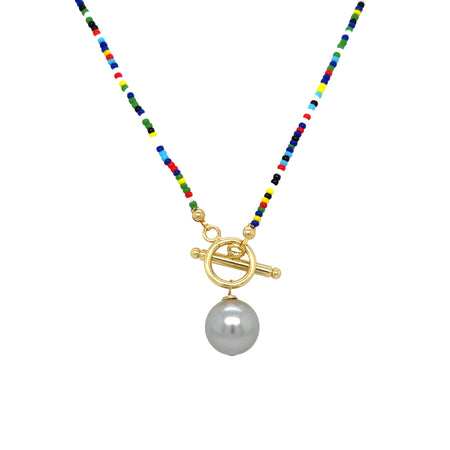 Multicolor Beaded Toggle Necklace with Grey Pearl Pendant  19" Length Pearl color may slightly vary 1.5" Toggle to Pearl