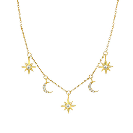 CZ Star & Moon Charm Chain Necklace  Yellow Gold Plated Over Silver 16.5-18.5" Adjustable Length Evil Eye: 0.47" Long X 0.23" Wide    While supplies last. All Deals Of The Day sales are FINAL SALE.