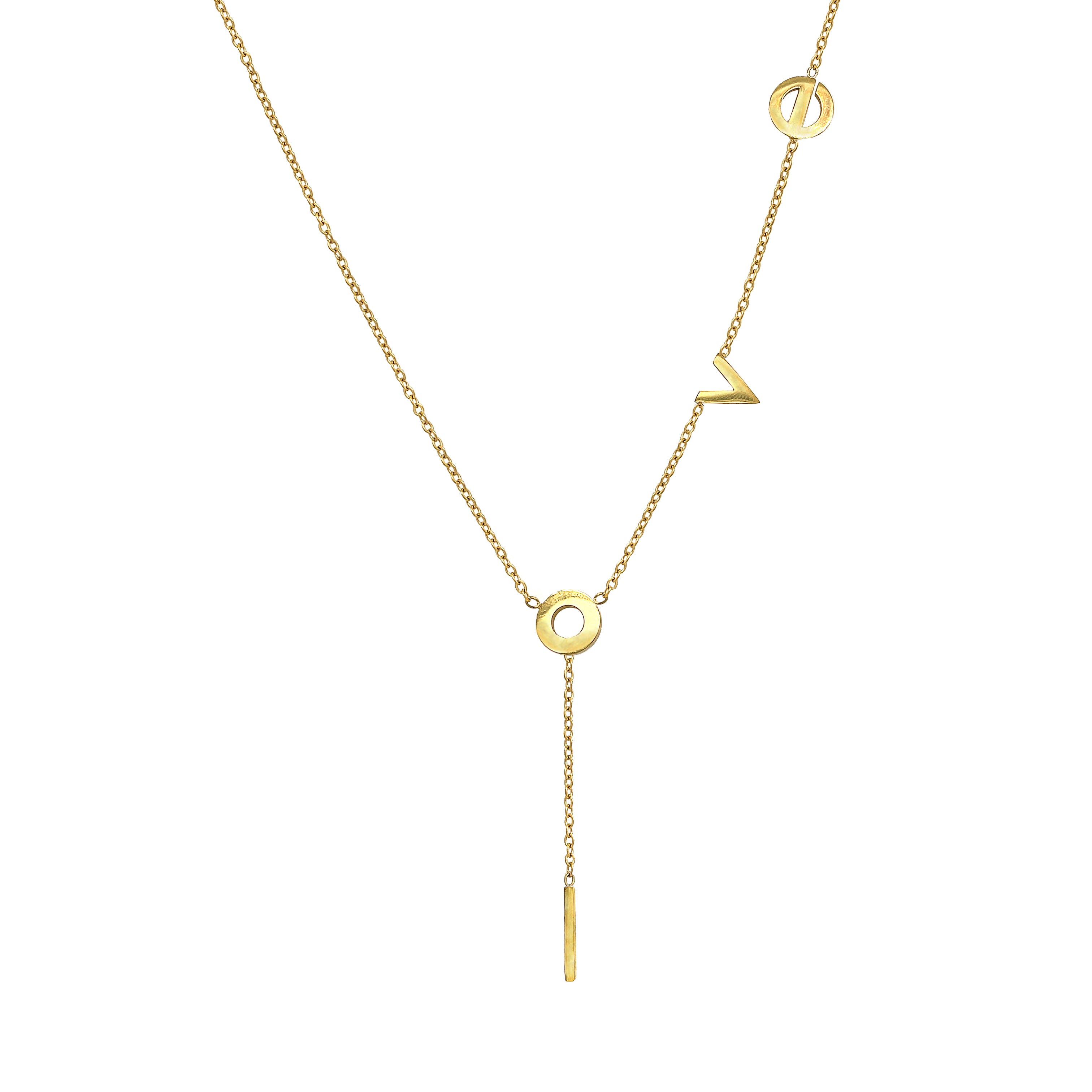"I Love You" Lariat Necklace

Yellow Gold Plated
Letters: Approximately 0.33" Wide
Lariat Drop: 2.25" Long
17-19" Adjustable Length

While supplies last. All Deals Of The Day sales are FINAL SALE.