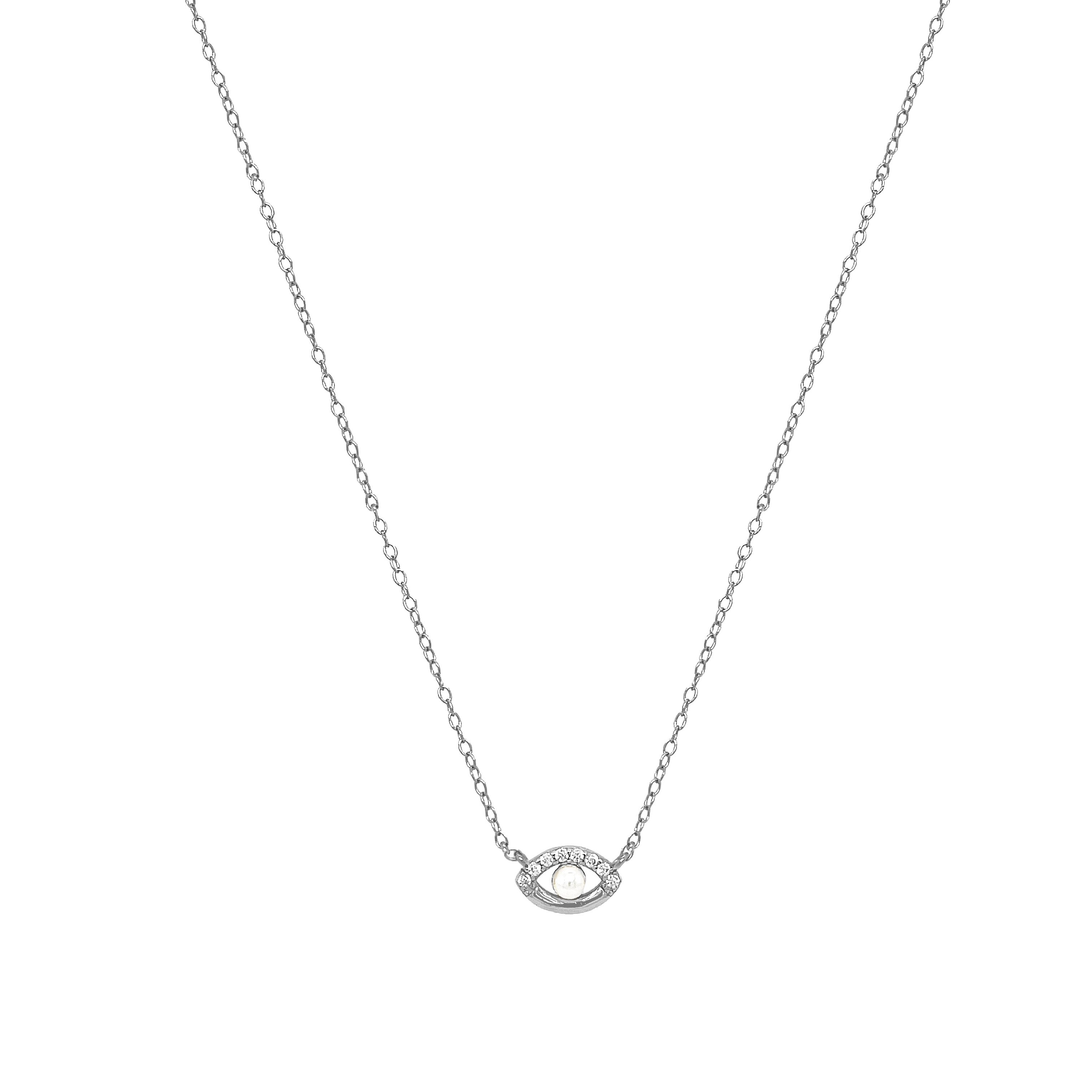 <p>Pearl &amp; CZ Evil Eye Necklace</p> <ul> <li>White Gold Plated</li> <li>15.5-17.5" Adjustable Length<br></li> <li>Evil Eye: 0.35" Long X 0.23" Wide</li> </ul> <p><span style="color: #ff2a00;"><em>While supplies last. All Deals Of The Day sales are FINAL SALE.</em></span></p>