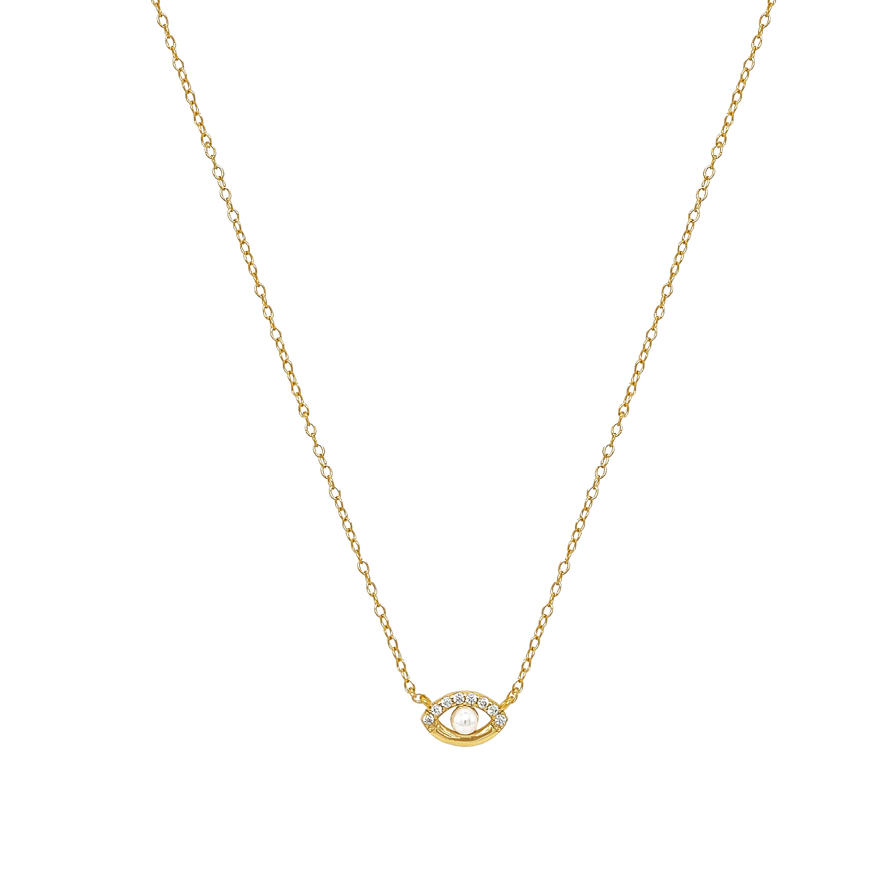 <p>Pearl &amp; CZ Evil Eye Necklace</p> <ul> <li>Yellow Gold Plated</li> <li>15.5-17.5" Adjustable Length<br></li> <li>Evil Eye: 0.35" Long X 0.23" Wide</li> </ul> <p><span style="color: #ff2a00;"><em>While supplies last. All Deals Of The Day sales are FINAL SALE.</em></span></p>