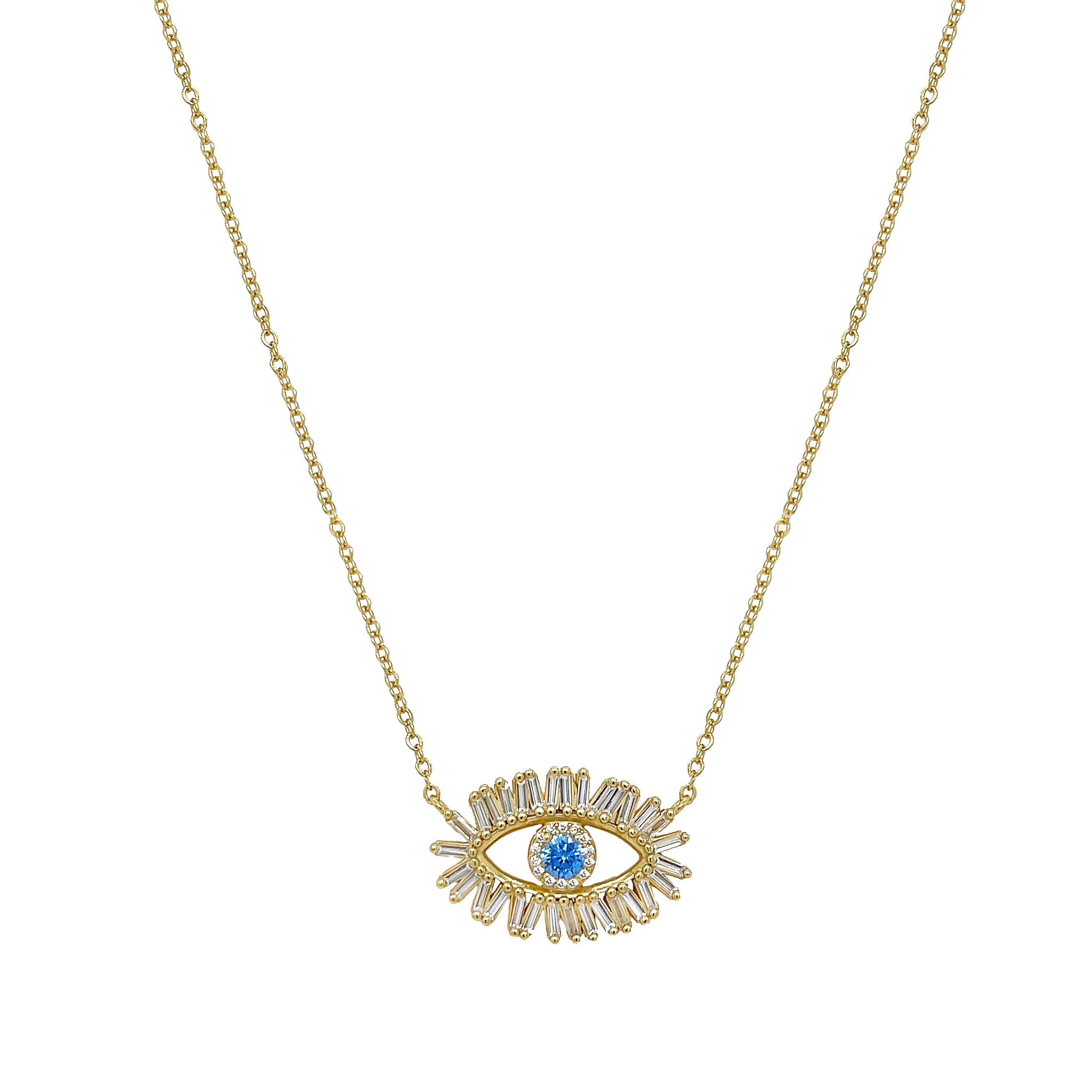 Baguette CZ Evil Eye Chain Necklace  Yellow Gold Plated Over Silver Eye: 1" Long X 0.60" Wide 16-17.5" Adjustable Length