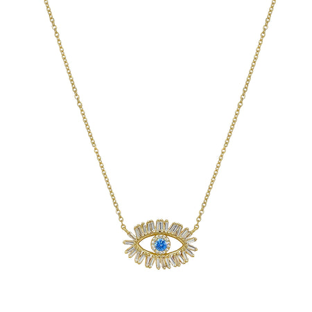 Baguette CZ Evil Eye Chain Necklace  Yellow Gold Plated Over Silver Eye: 1" Long X 0.60" Wide 16-17.5" Adjustable Length view 1