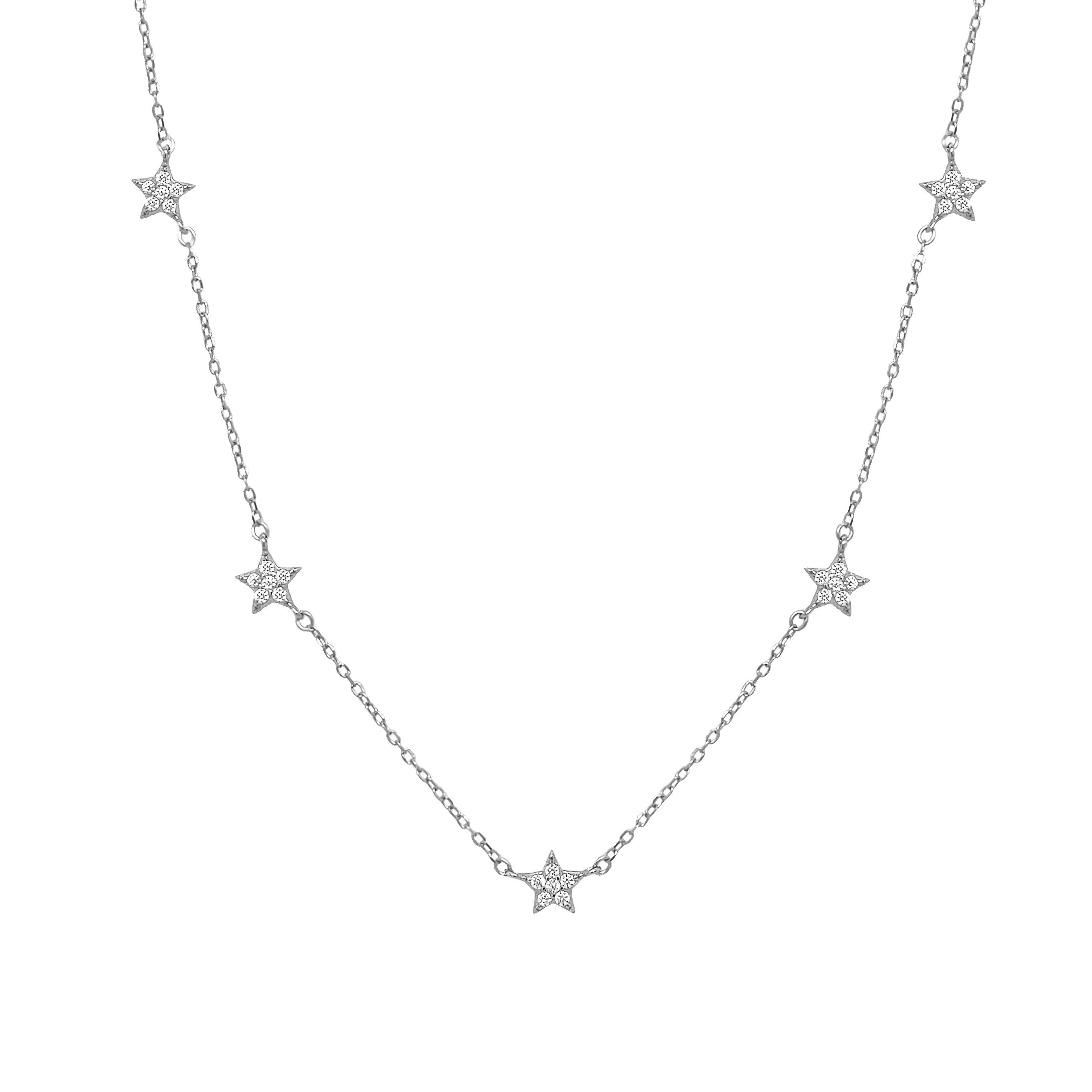 Pave CZ 5 Star Chain Necklace

White Gold Plated
Stars: 0.22" Diameter