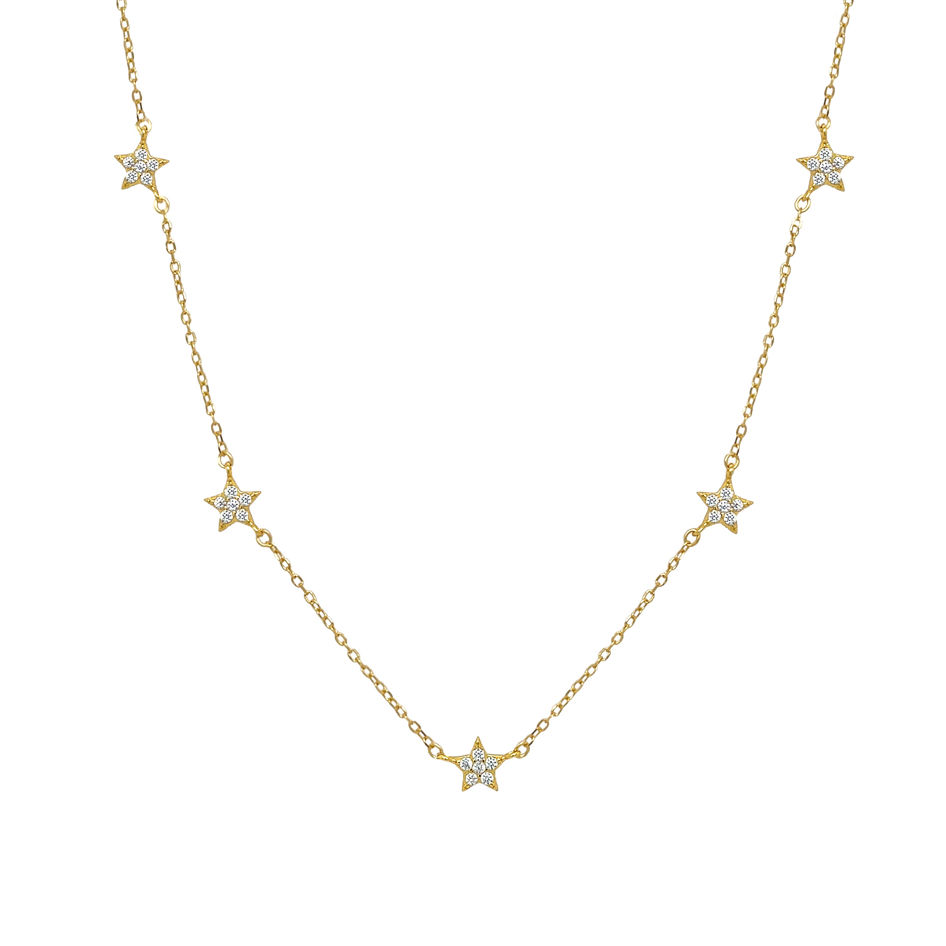 Pave CZ 5 Star Chain Necklace

Yellow Gold Plated
Stars: 0.22" Diameter