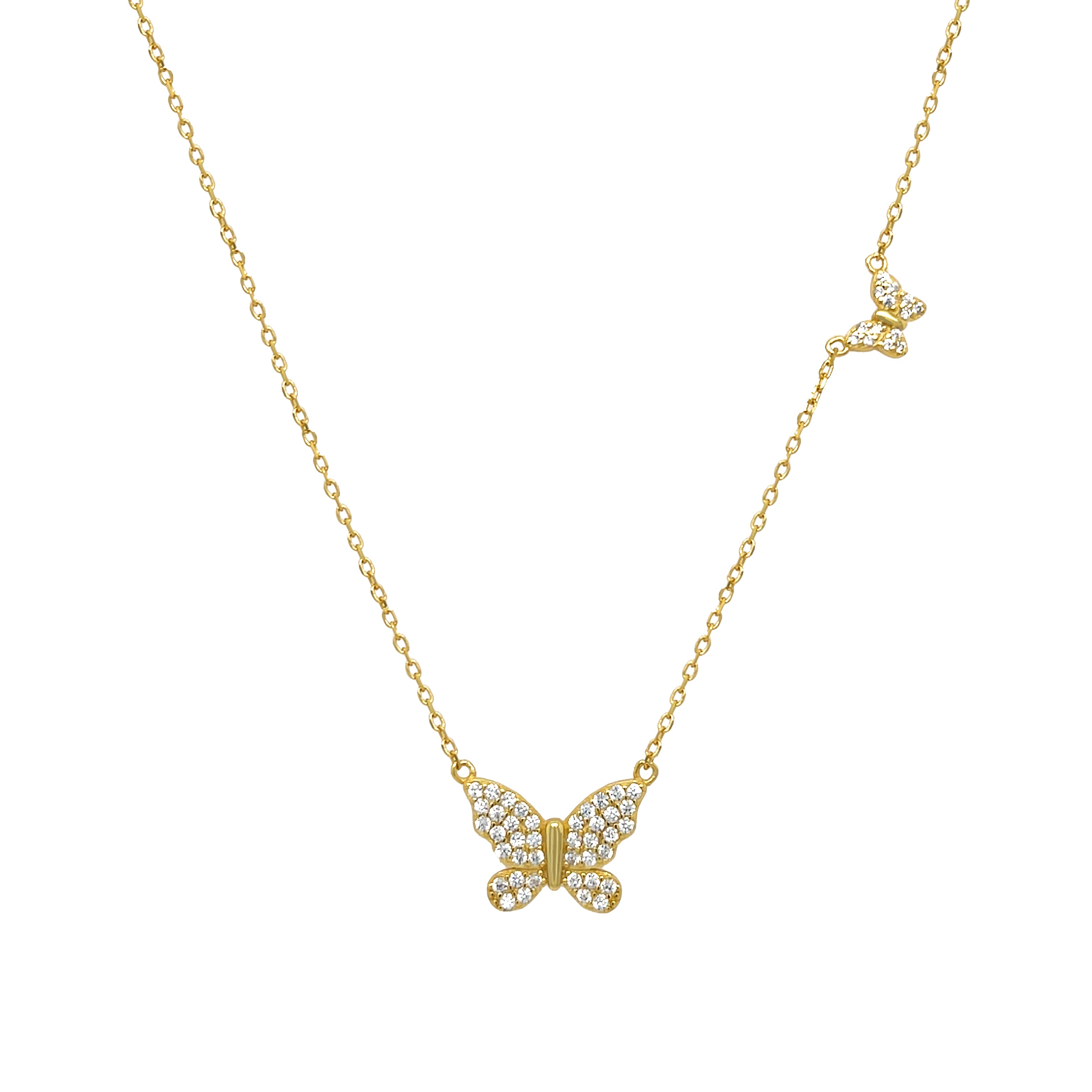 Pave CZ Double Butterfly Chain Necklace

Yellow Gold Plated Over Silver
Small Butterfly: 0.30" Diameter
Large Butterfly: 0.55" Diameter
16-19" Adjustable Length