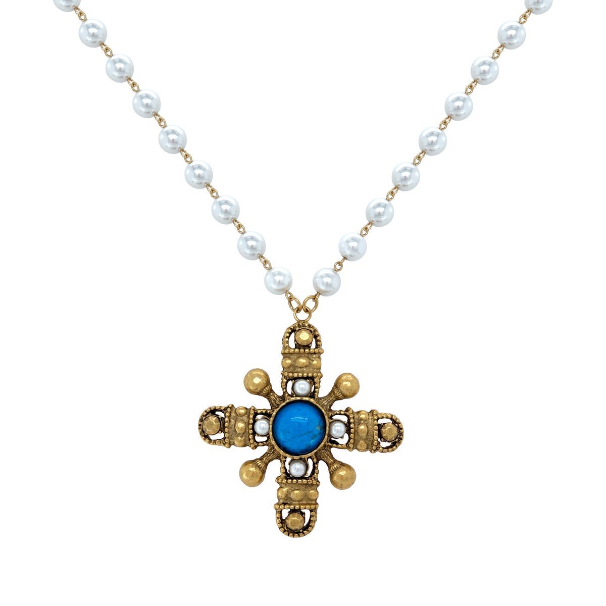 Pearl Turquoise Antique Pendant Necklace&nbsp;

Yellow Gold Plated
Pendant: 3.18" Long X 2.83" Wide
17.5" Length