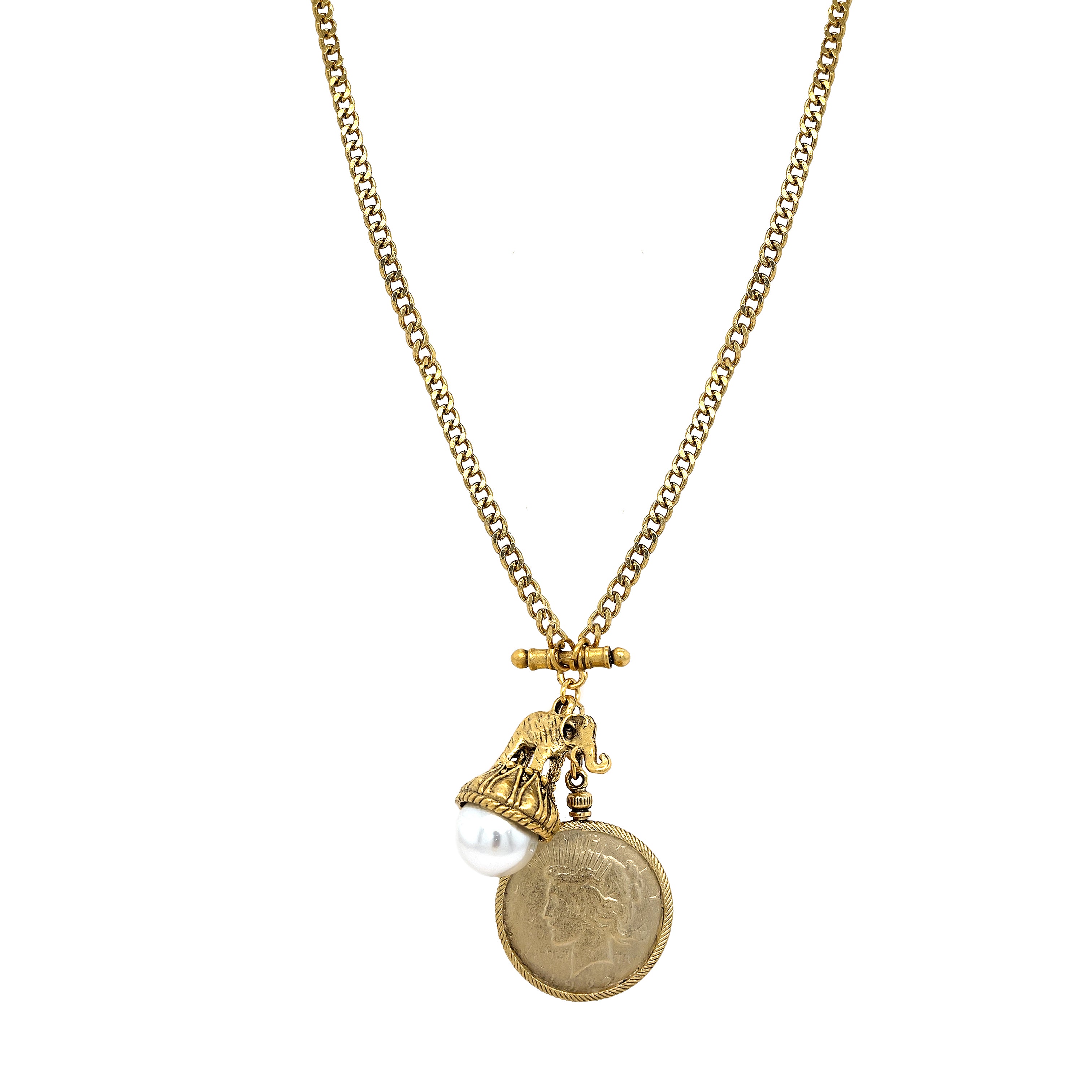 CZ Pearl, Elephant &amp; Coin Charm Necklace

Yellow Gold Plated

Coin Charm: 2.50" Long X 1.49" Wide
Elephant &amp; Pearl Charm: 1.65" Long X 1.20" Wide
28" Length