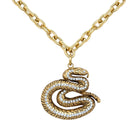 Snake Pendant Necklace

Yellow Gold Plated
Snake: 2.55" Long x 2.30" Wide
18" Long