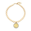 CZ Lady Coin Pearl Necklace  Yellow Gold Plated 1.70" Long X 1.32" Wide Pearl: 0.46" Wide 16-18" Adjustable Length