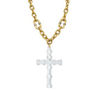 <p>Clear Cross Chain Link Necklace</p> <ul> <li>Yellow Gold Plated</li> <li>3.75" Long X 2.15" Wide</li> <li>16-18" Adjustable Length</li> <li>Matte finish</li> </ul>