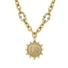 <p>CZ Coin Pendant Chain Link Necklace</p> <ul> <li>Yellow Gold Plated</li> <li>Coin: 1.80" Long X 1.48" Wide</li> <li>16-18" Adjustable Length</li> </ul>