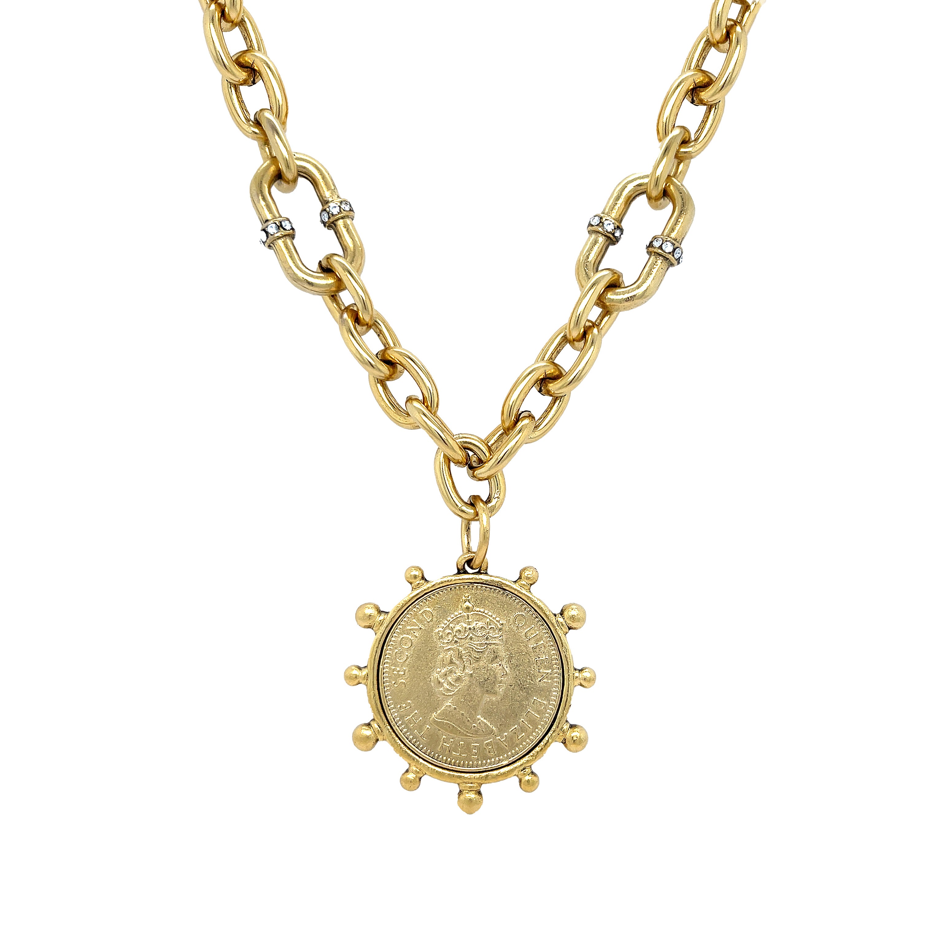 <p>CZ Coin Pendant Chain Link Necklace</p> <ul> <li>Yellow Gold Plated</li> <li>Coin: 1.80" Long X 1.48" Wide</li> <li>16-18" Adjustable Length</li> </ul>