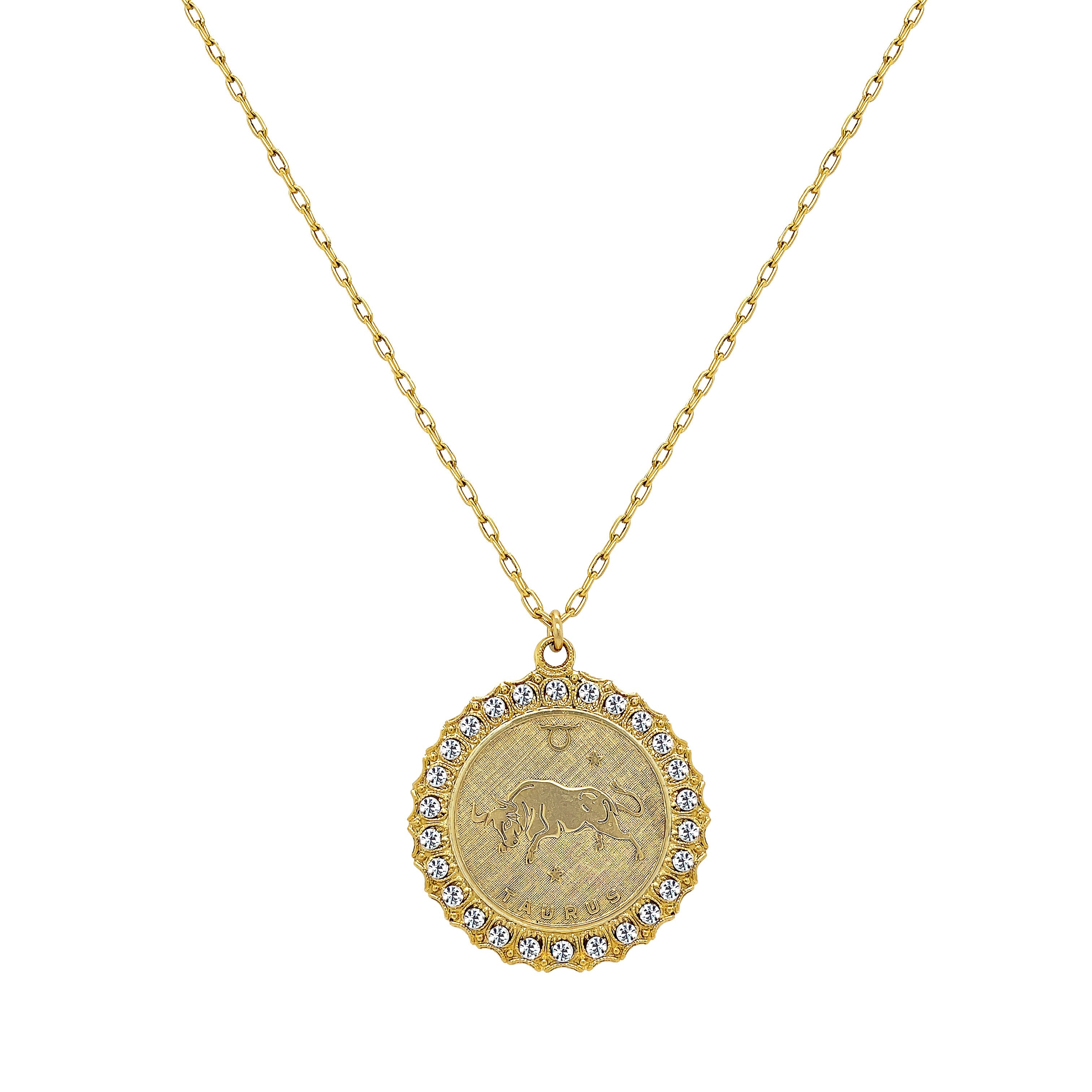 CZ Zodiac Disc Necklace  Yellow Gold Plated 1.87" Long X 1.56" Wide 18" Length