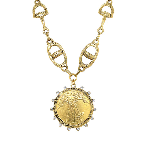 CZ Coin Pendant Chain necklace  Yellow Gold Plated 2.35" Long X 1.90" Wide 17-19" Adjustable Length