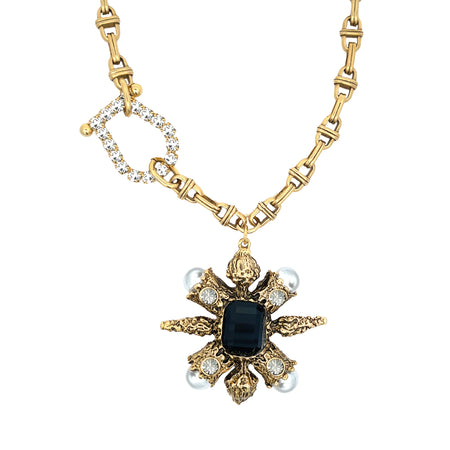 Mutli Stone CZ Pearl Pendant Chain Necklace  Yellow Gold Plated Pendant: 2.26" Long X 2.25" Wide 18" Long 