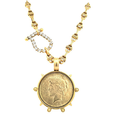 CZ Coin Pendant Chain necklace  Yellow Gold Plated Coin: 1.60" Diameter 18" Long