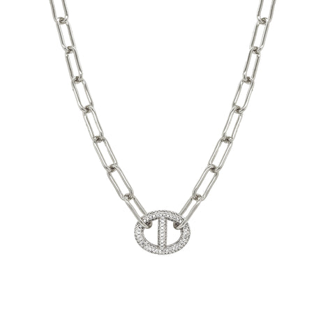 Pave Mariner Link On Paperclip Chain Necklace  White Gold Plated CZ Mariner: 0.68" Long X 0.84" Wide Link: 0.27" Wide 18-20.5" Adjustable Length     While supplies last. All Deals Of The Day sales are FINAL SALE.