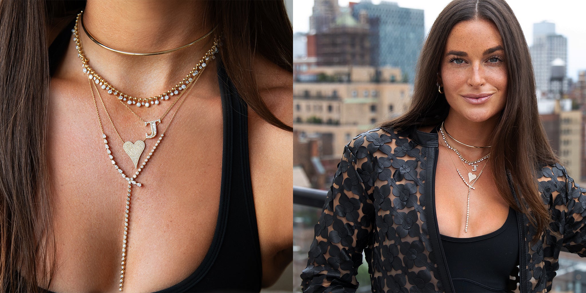 Close-up of layered necklaces with a cityscape background