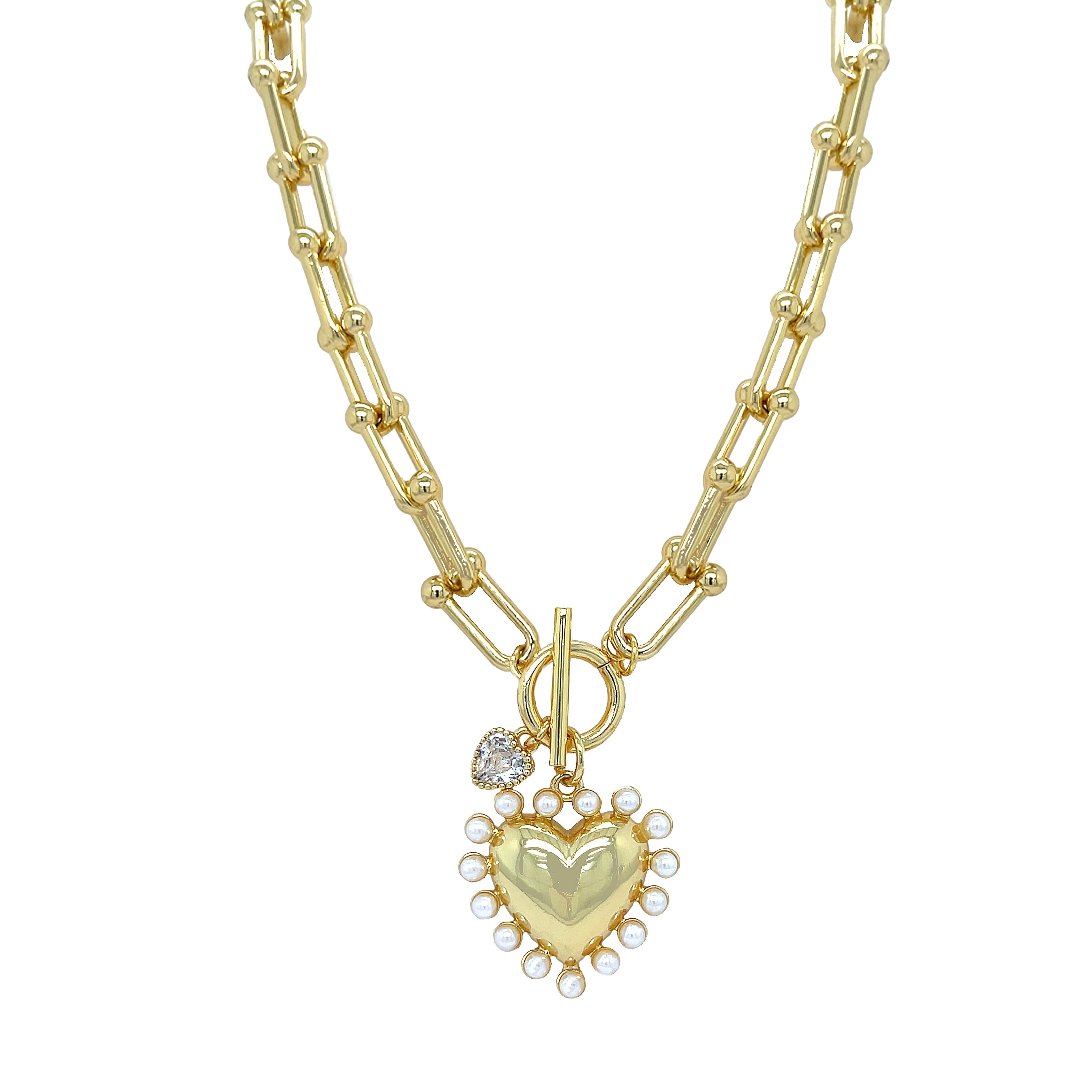 Pearl and CZ Heart Charm Toggle Link Necklace&nbsp;

Yellow Gold Plated
Pearl Charm: 1" Wide
CZ Charm: 0.27" WIde
17" Long

While supplies last. All Deals Of The Day sales are FINAL SALE.