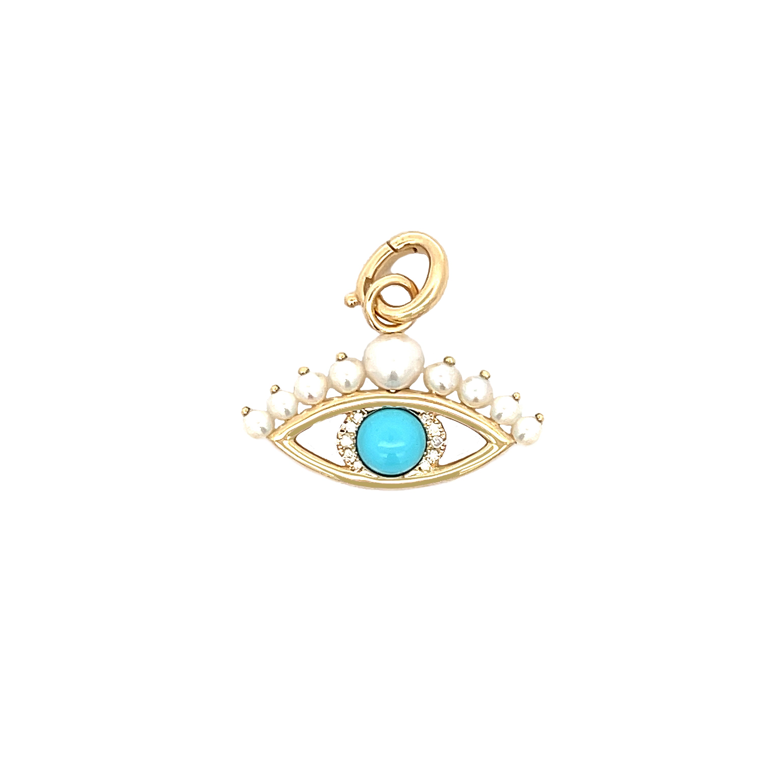 Diamond, Turquoise &amp; Pearl Evil Eye Charm

14K Yellow Gold
0.06 Diamond Carat Weight
1.30 Turquoise Carat Weight
1" Long X 0.50" Wide